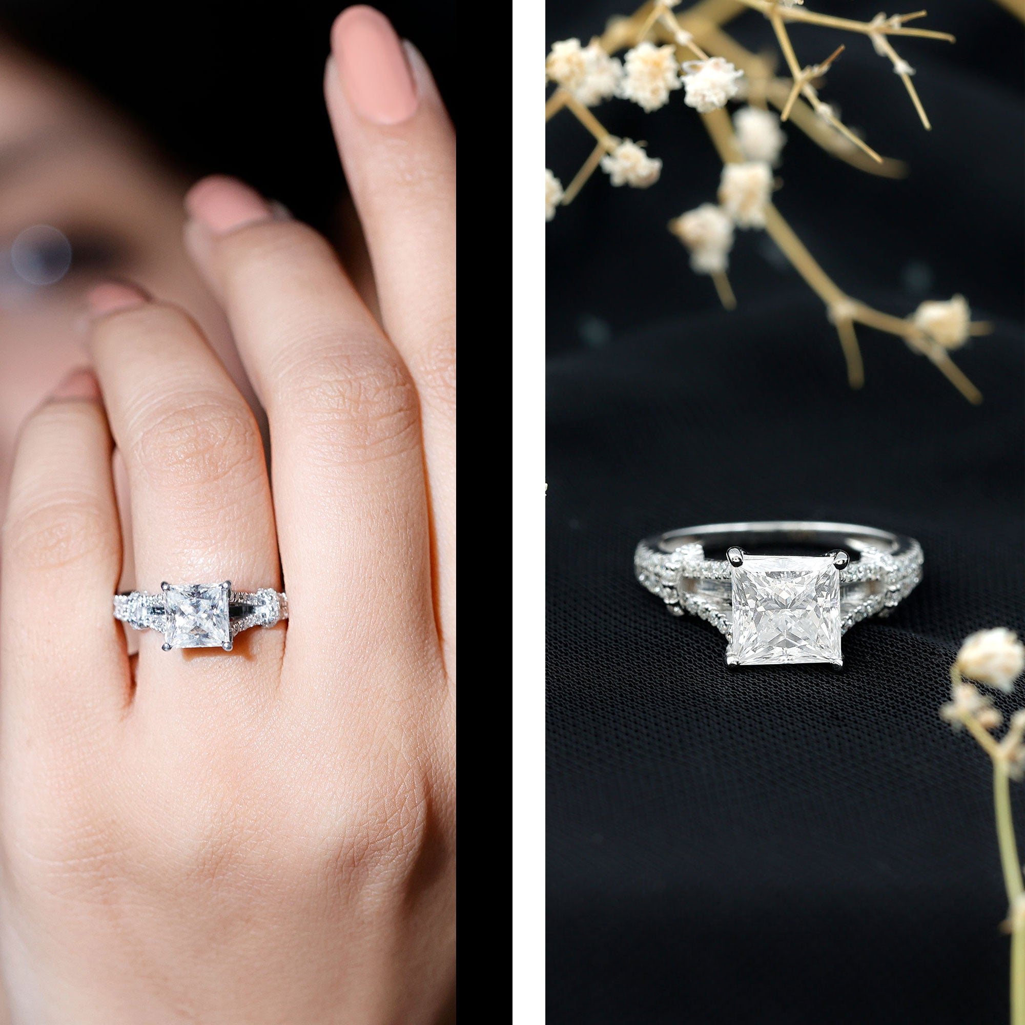 Rosec Jewels-Certified Princess Cut 3 Carat Moissanite Split Shank Engagement Ring in Silver