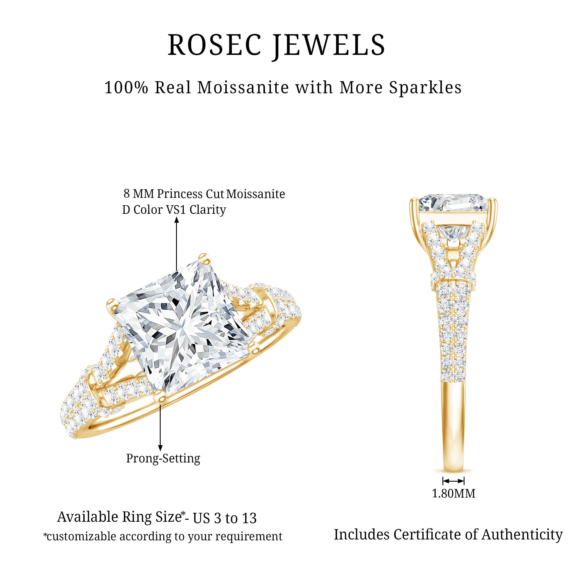 3 Carat Princess Cut Moissanite Solitaire Engagement Ring in Split Shank D-VS1 - Rosec Jewels