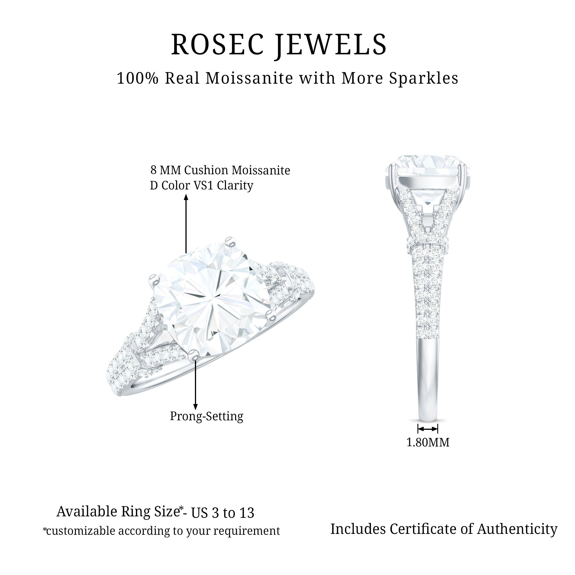 Cushion Cut Moissanite Solitaire Engagement Ring with Split Shank D-VS1 - Rosec Jewels