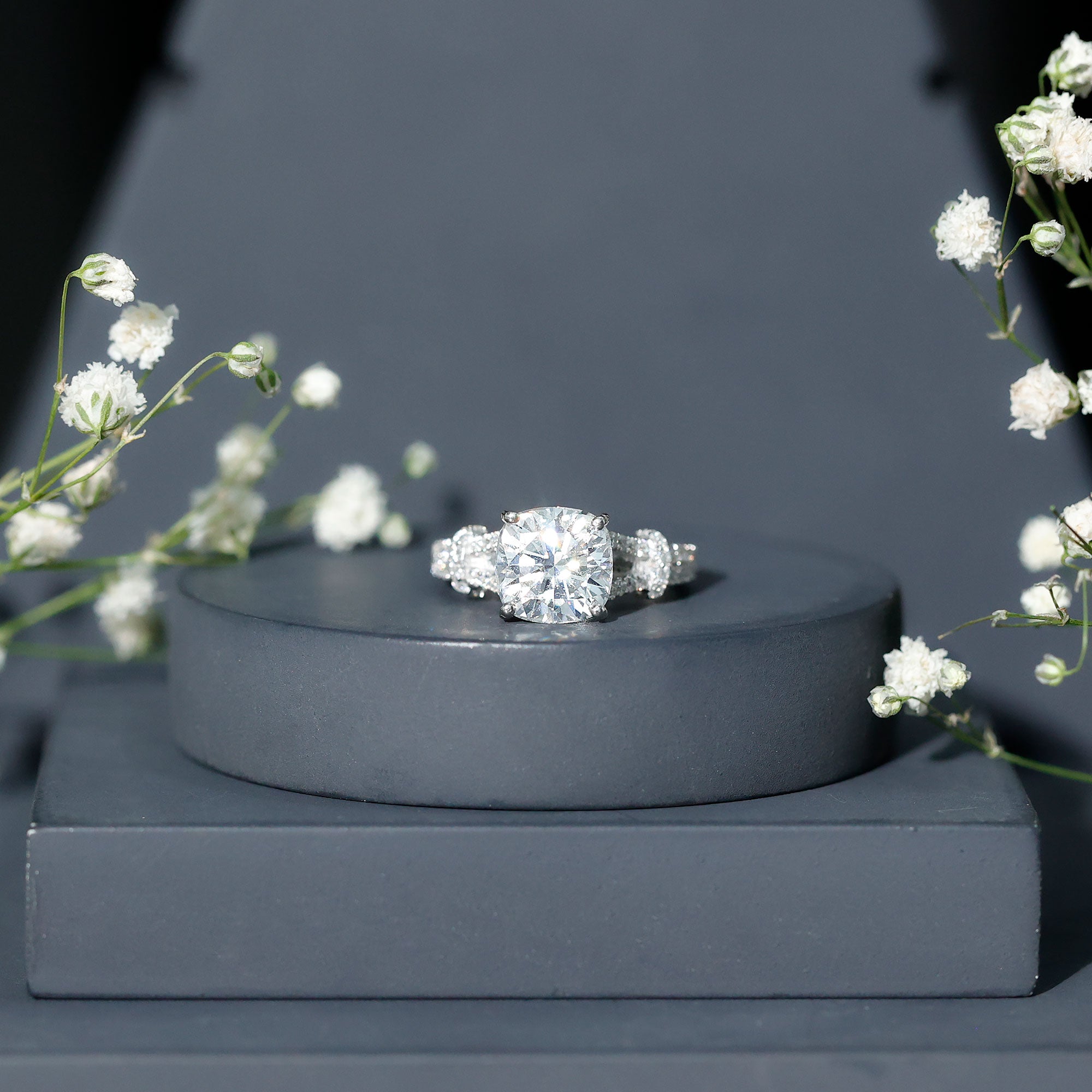 Cushion Cut Moissanite Solitaire Engagement Ring with Split Shank D-VS1 - Rosec Jewels