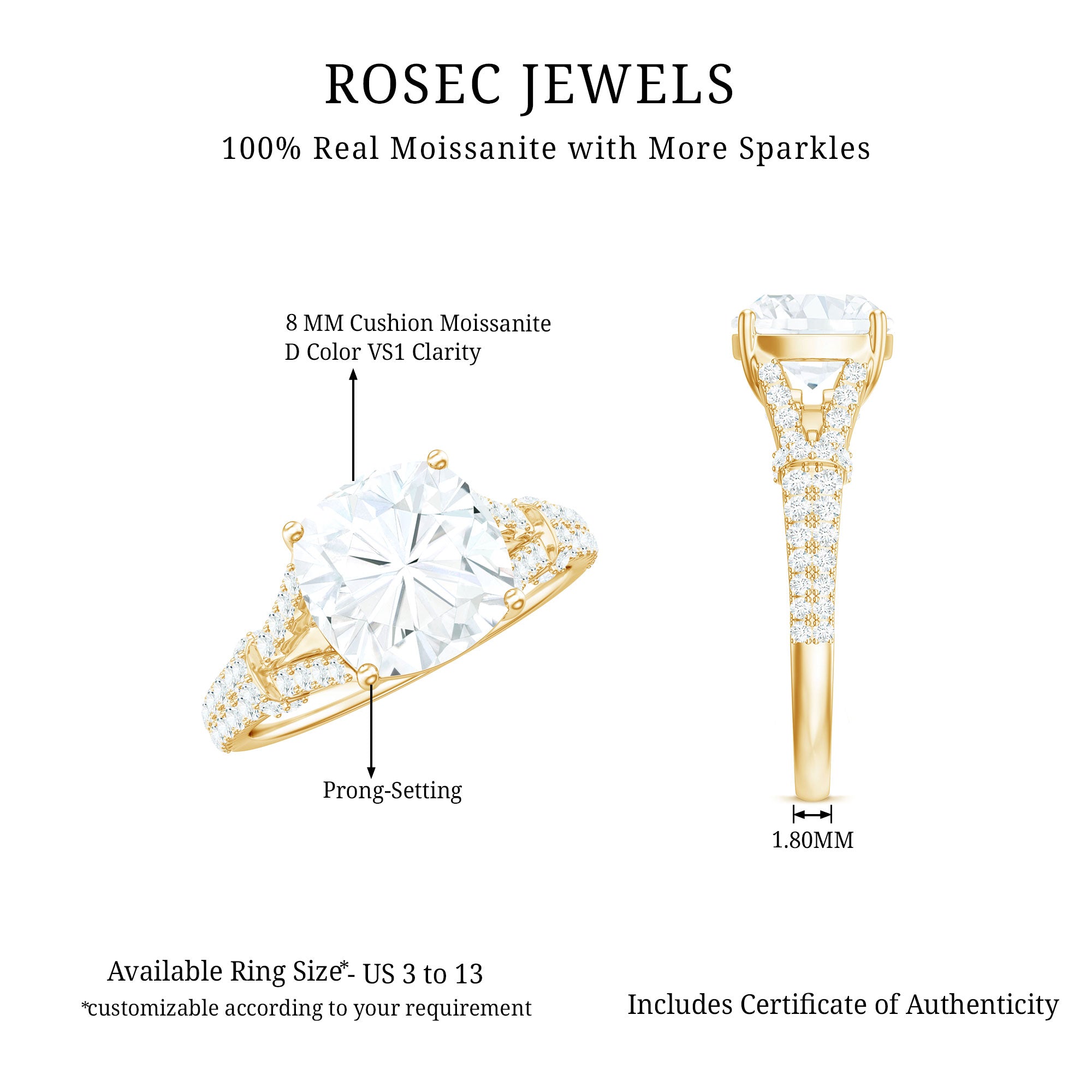 Cushion Cut Moissanite Solitaire Engagement Ring with Split Shank D-VS1 - Rosec Jewels