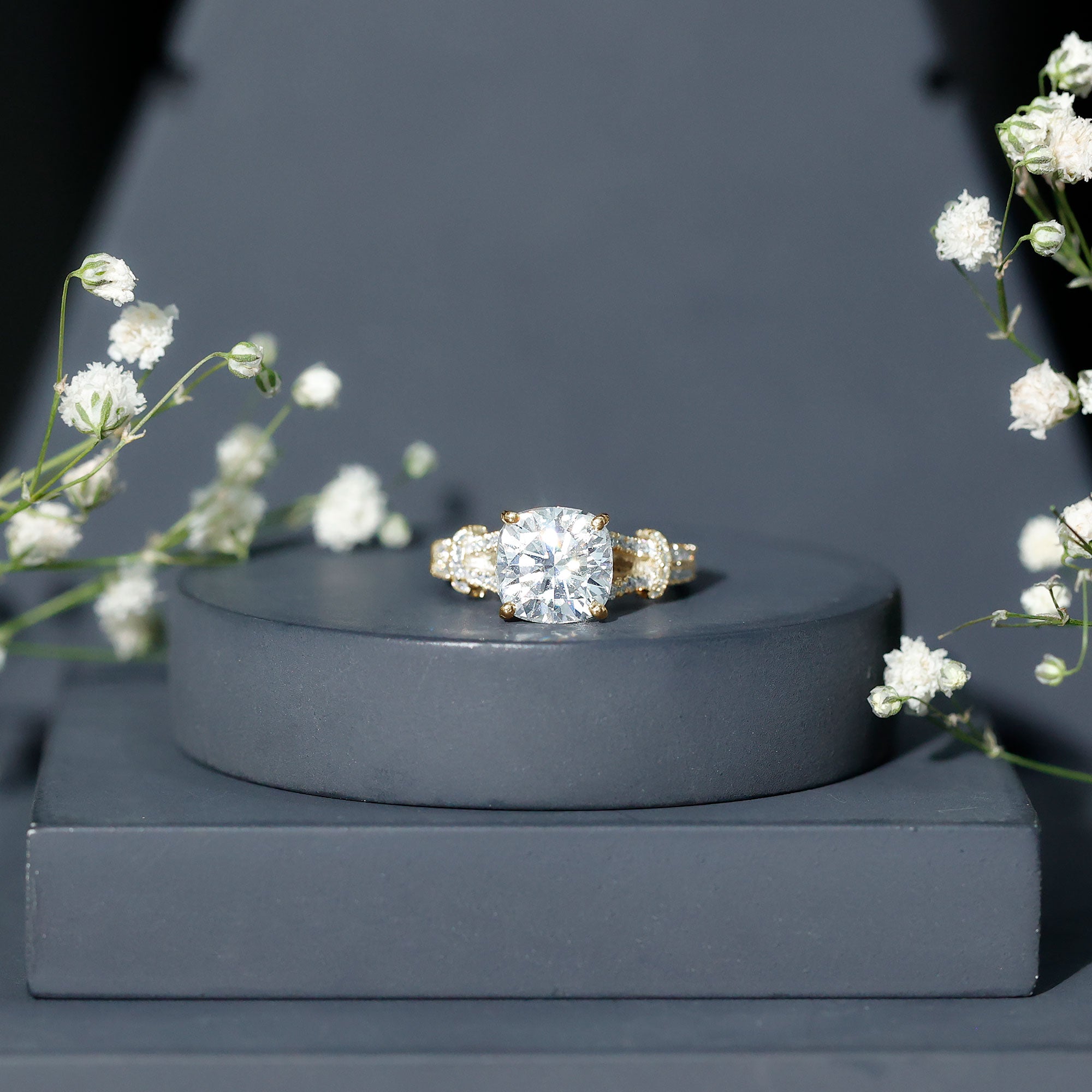 Cushion Cut Moissanite Solitaire Engagement Ring with Split Shank D-VS1 - Rosec Jewels