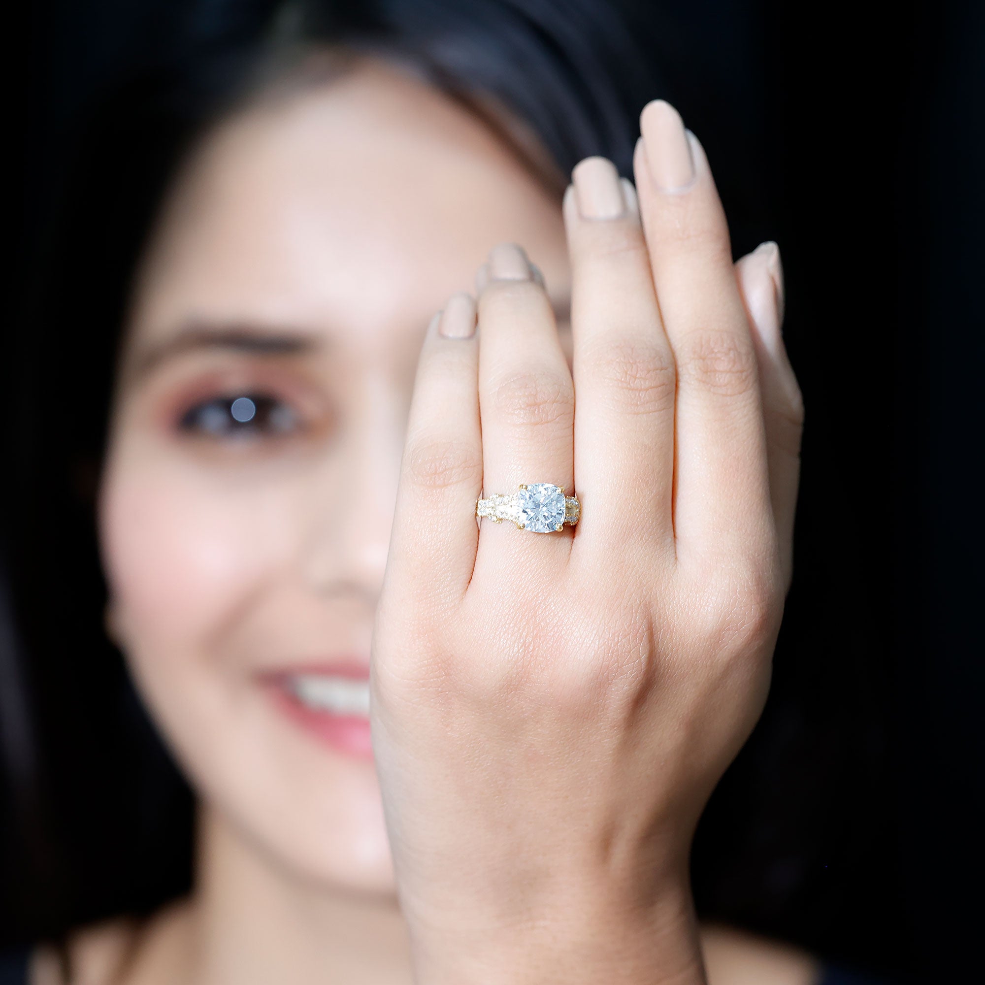 Cushion Cut Moissanite Solitaire Engagement Ring with Split Shank D-VS1 - Rosec Jewels