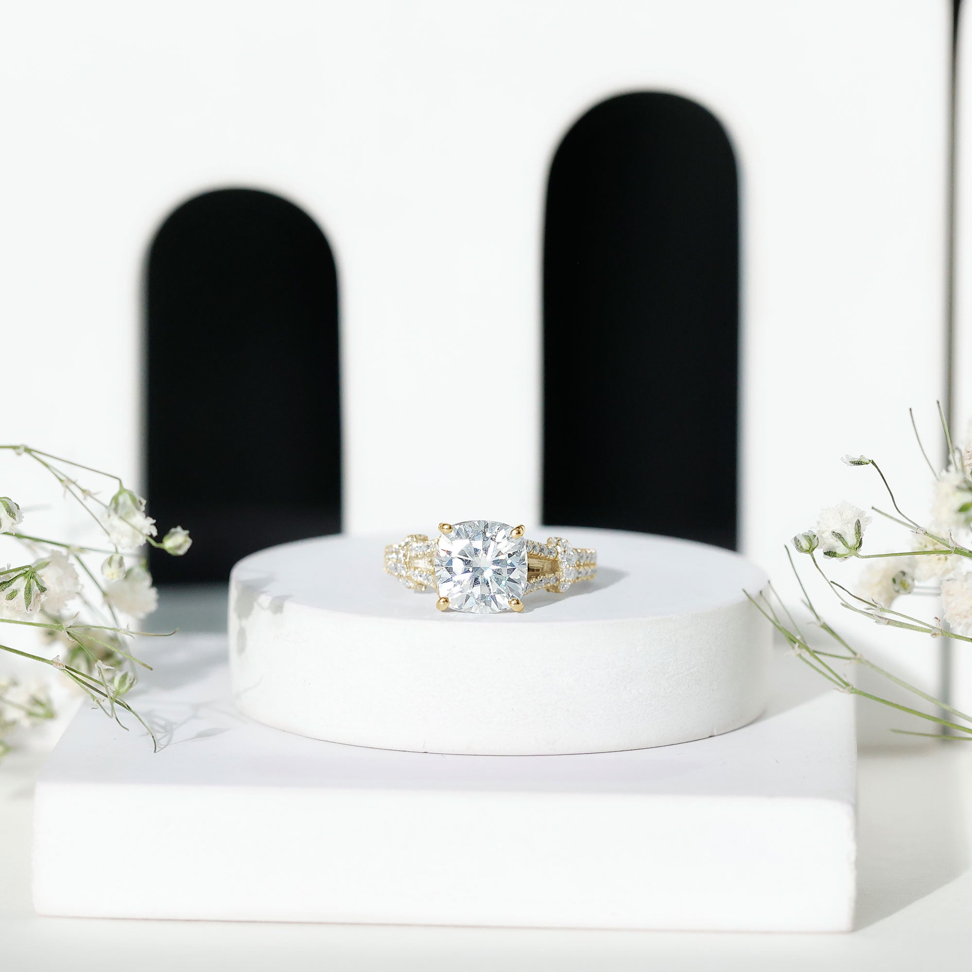 Cushion Cut Moissanite Solitaire Engagement Ring with Split Shank D-VS1 - Rosec Jewels
