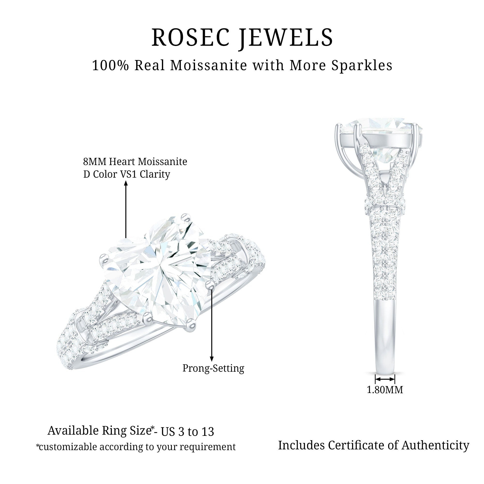 Rosec Jewels-Heart Shape Moissanite Solitaire Engagement Ring in Split Shank