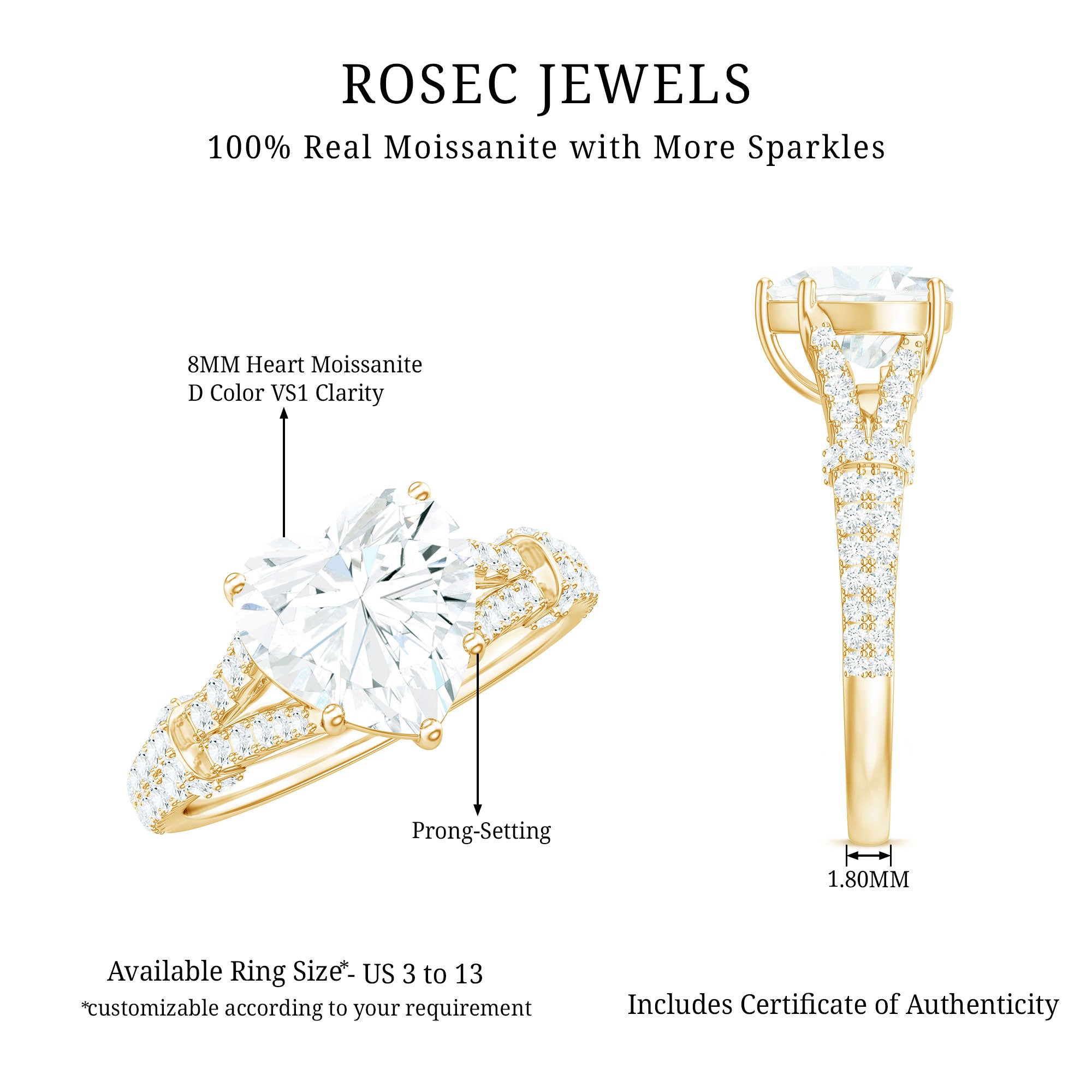Rosec Jewels-Heart Shape Moissanite Solitaire Engagement Ring in Split Shank