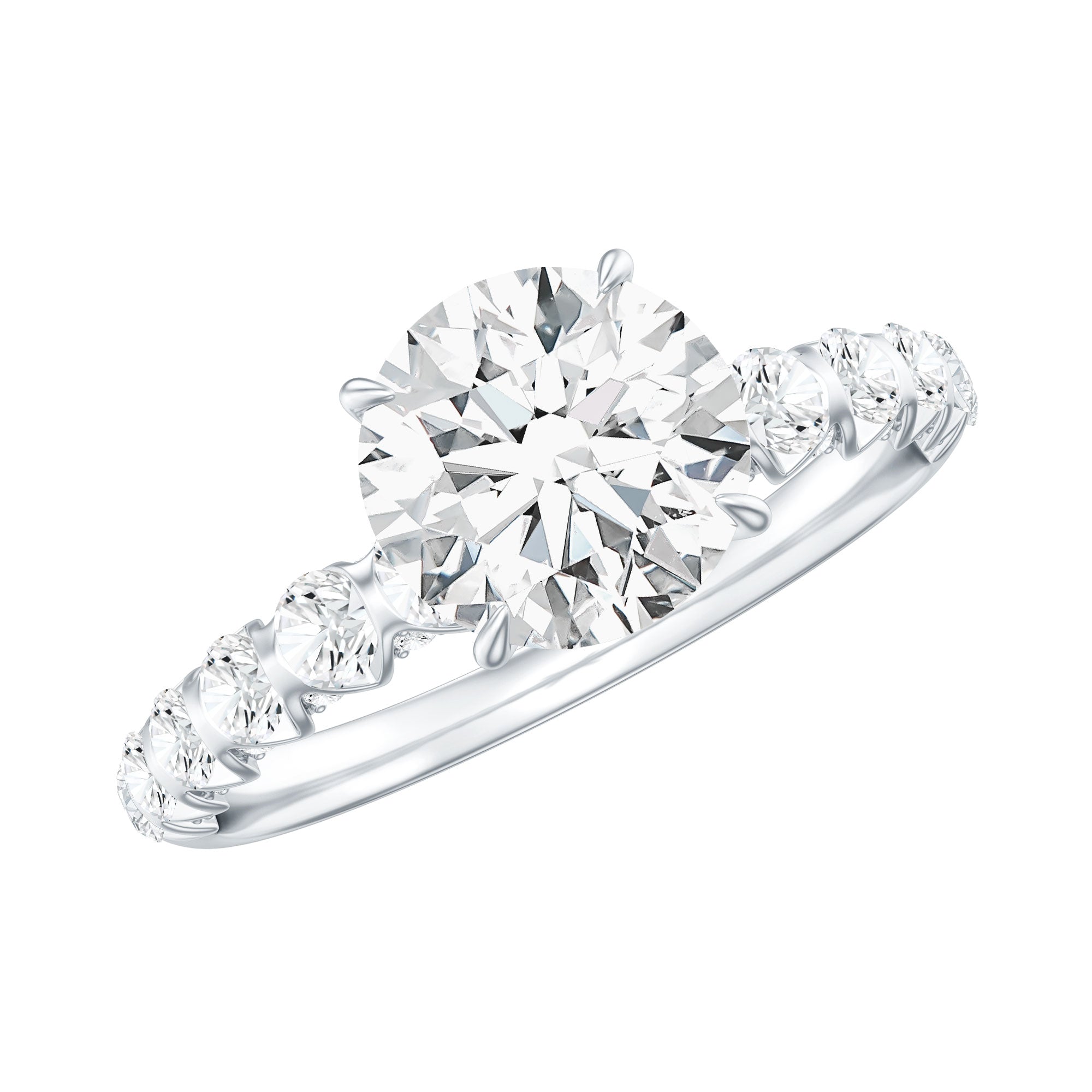 Rosec Jewels-Round Cut Moissanite Solitaire Engagement Ring with Side Stones