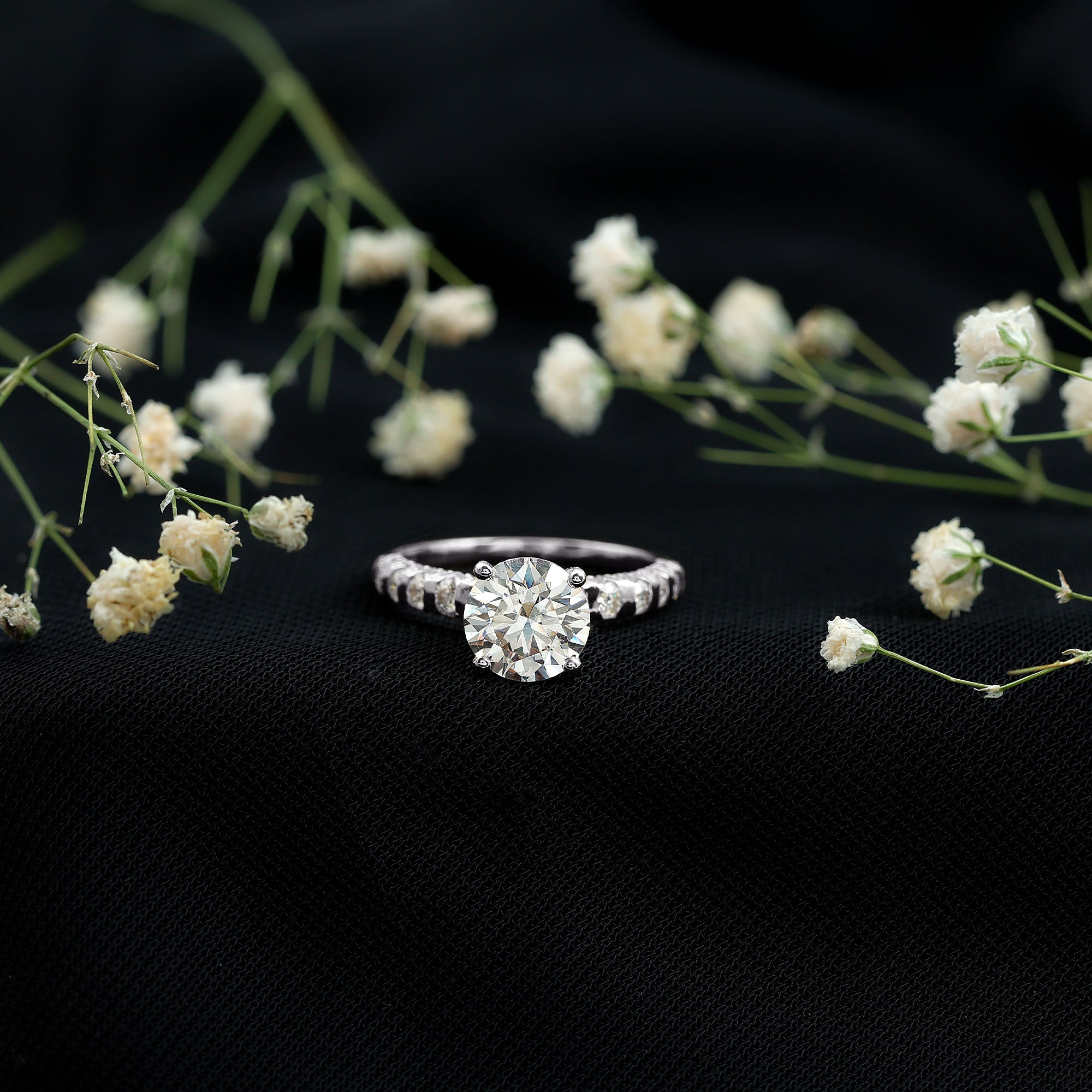 Rosec Jewels-Round Cut Moissanite Solitaire Engagement Ring with Side Stones