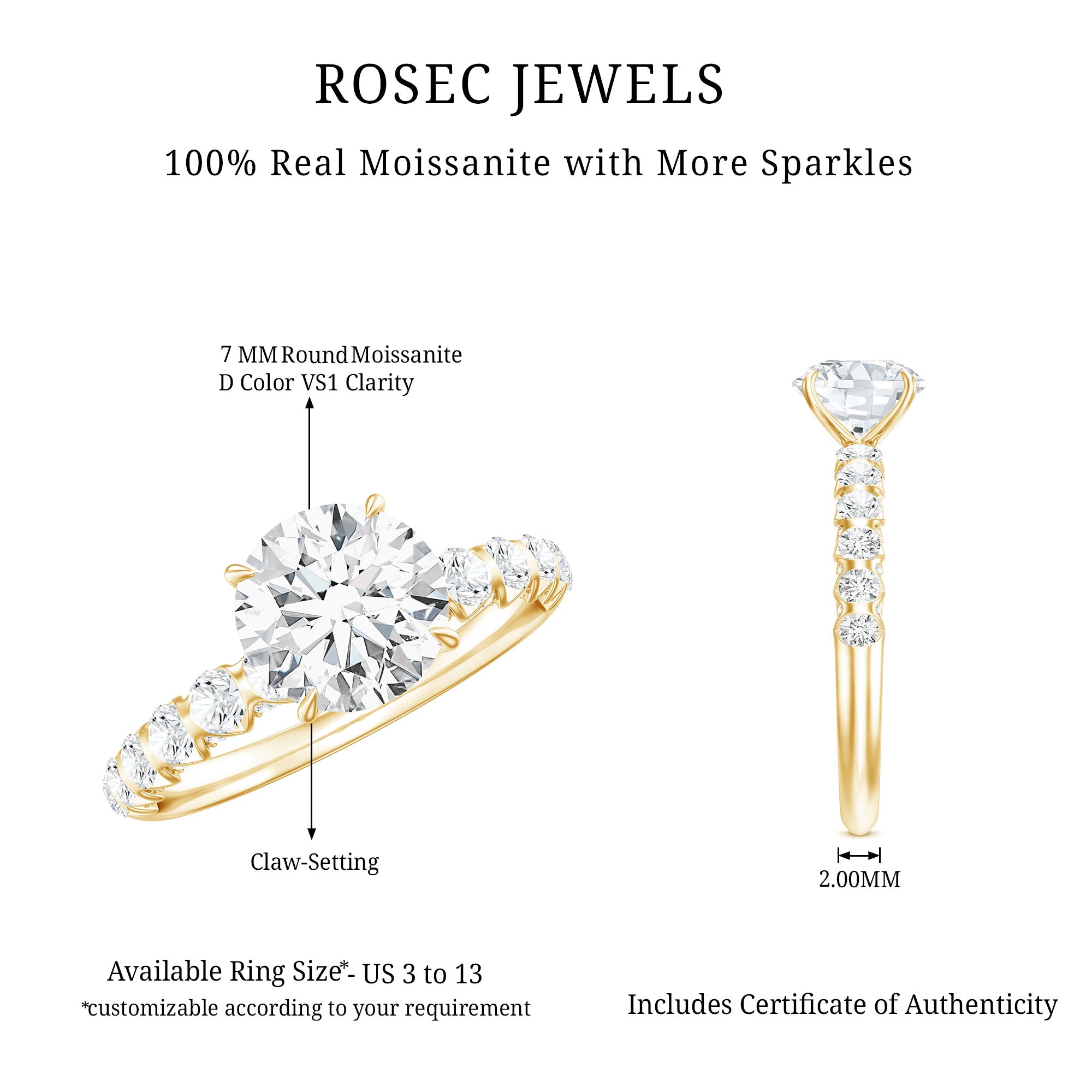 Rosec Jewels-Round Cut Moissanite Solitaire Engagement Ring with Side Stones