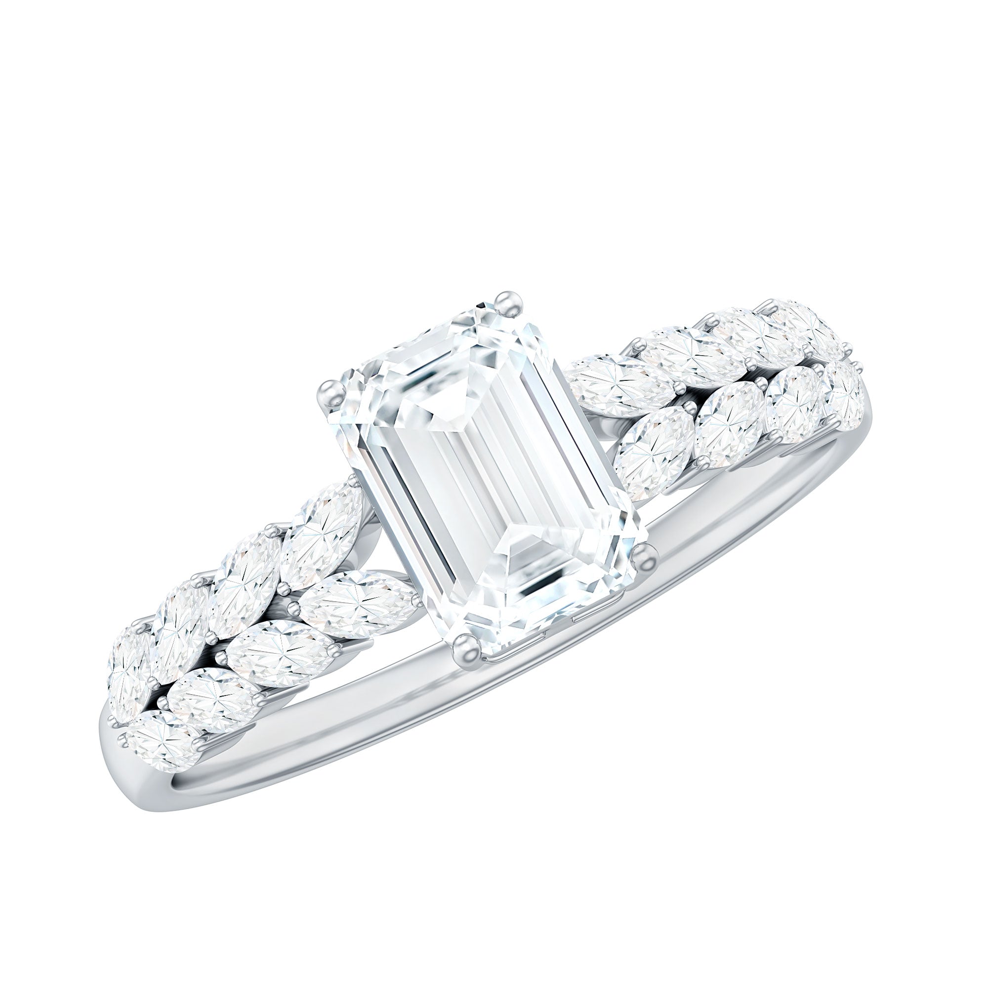 Certified Moissanite Emerald Cut Engagement Ring with Side Stones D-VS1 - Rosec Jewels
