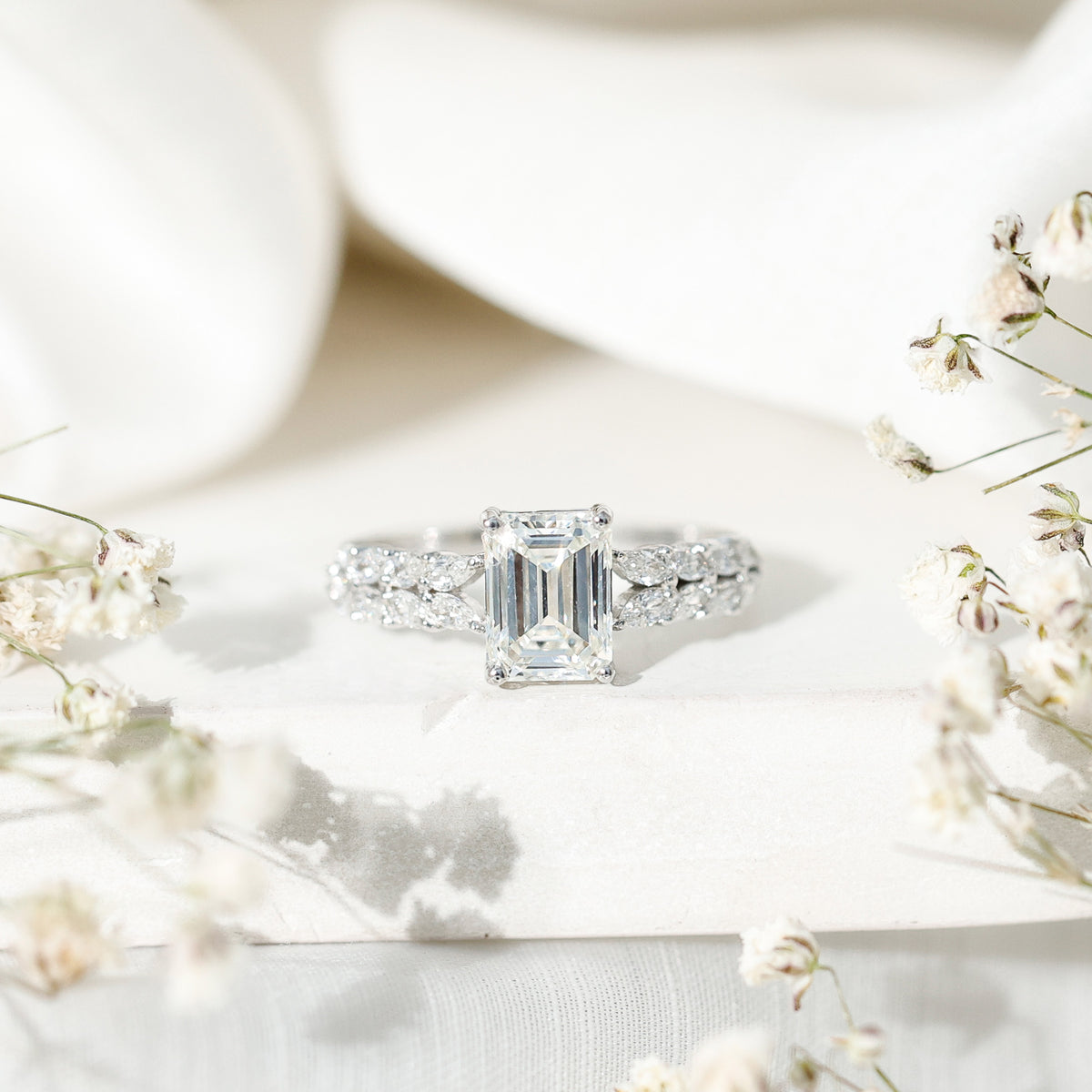 Certified Moissanite Emerald Cut Engagement Ring with Side Stones D-VS1 - Rosec Jewels