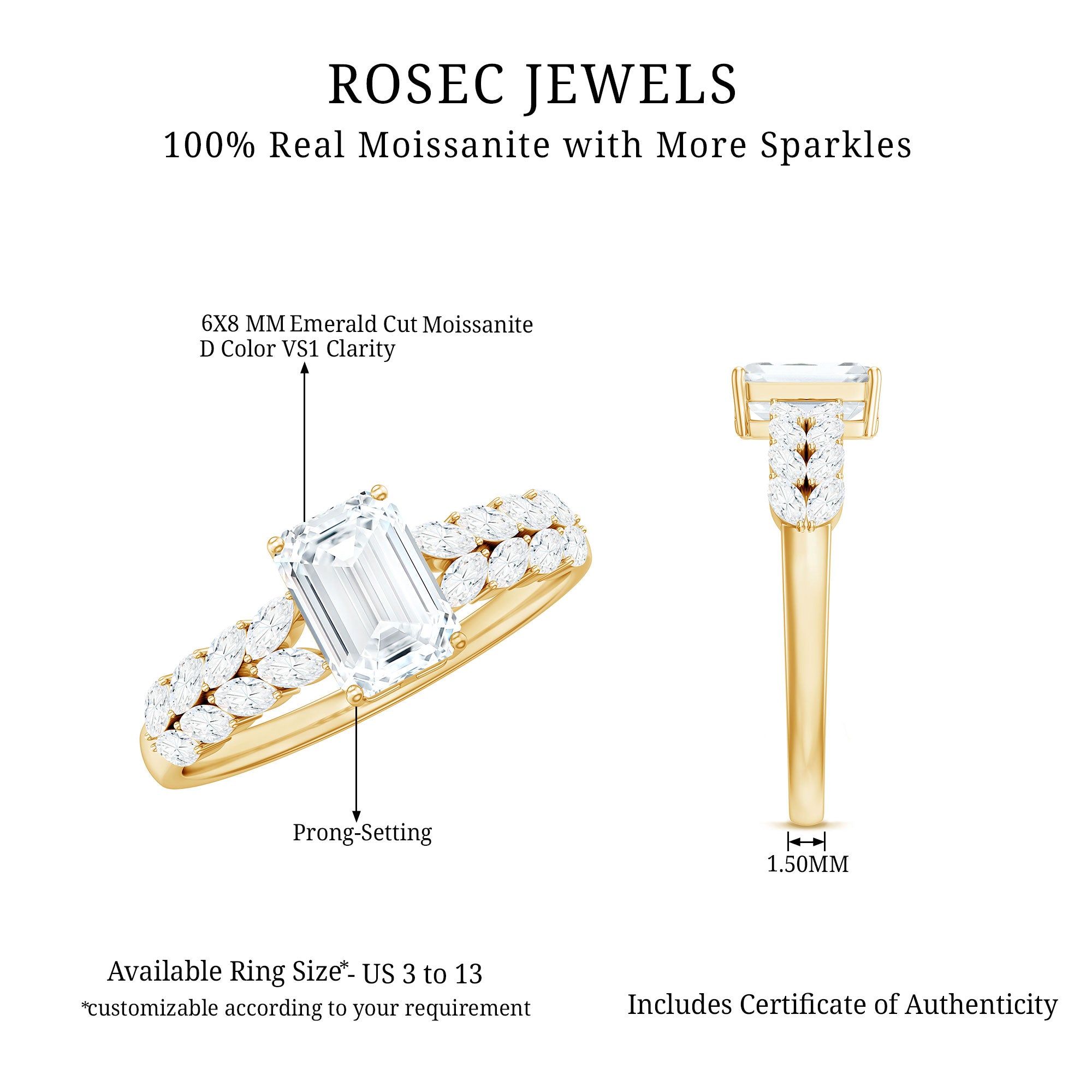 Certified Moissanite Emerald Cut Engagement Ring with Side Stones D-VS1 - Rosec Jewels
