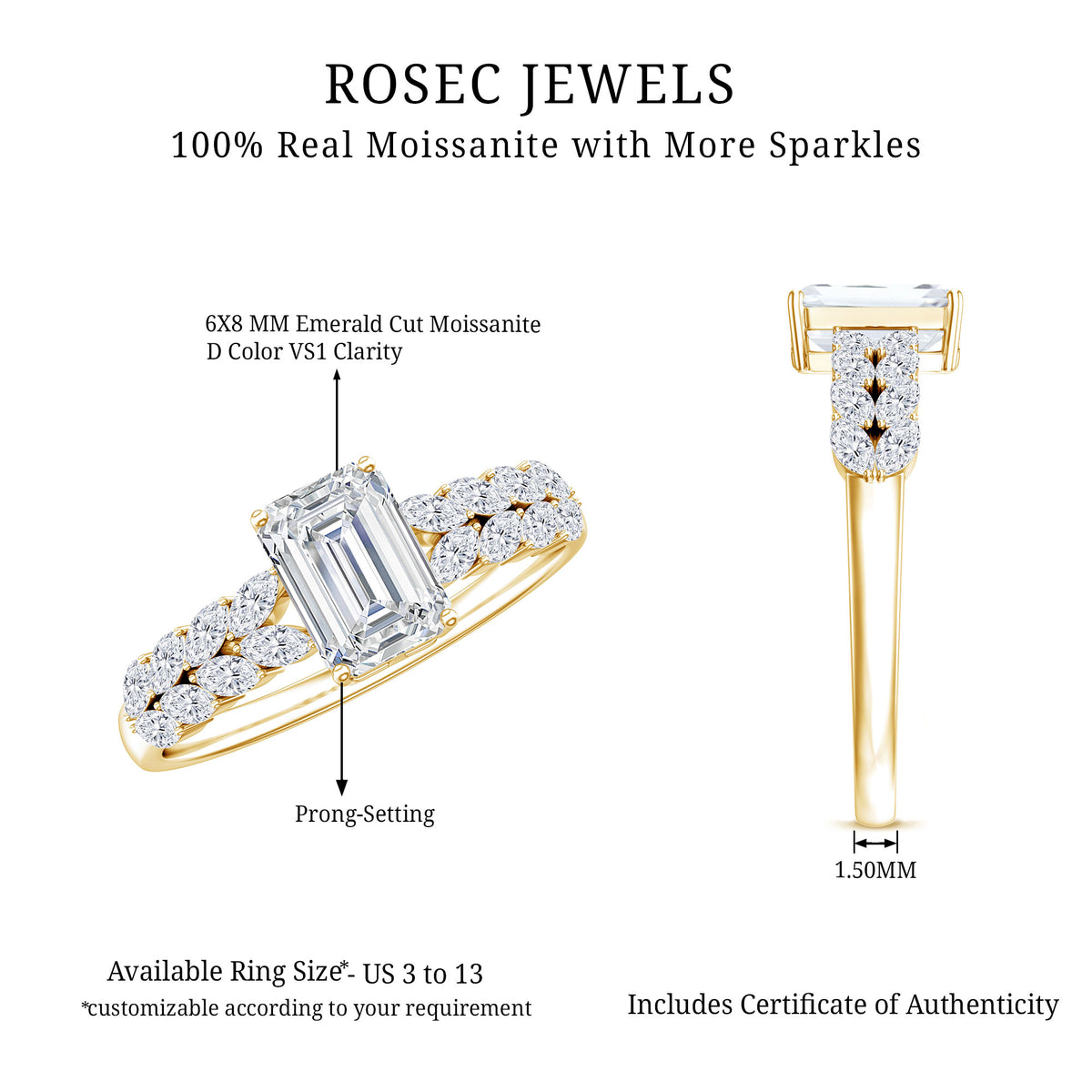 Certified Moissanite Emerald Cut Engagement Ring with Side Stones D-VS1 - Rosec Jewels