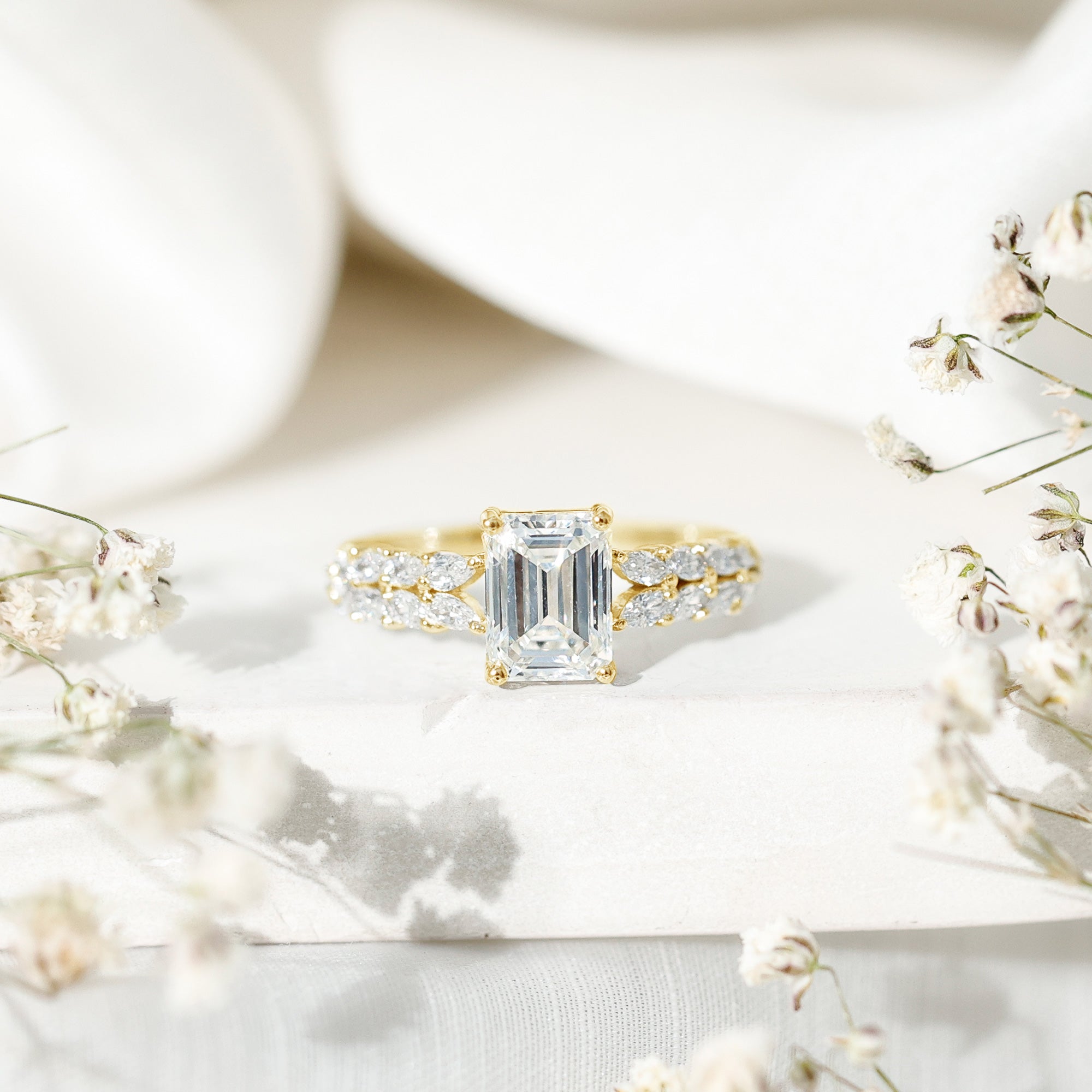 Certified Moissanite Emerald Cut Engagement Ring with Side Stones D-VS1 - Rosec Jewels