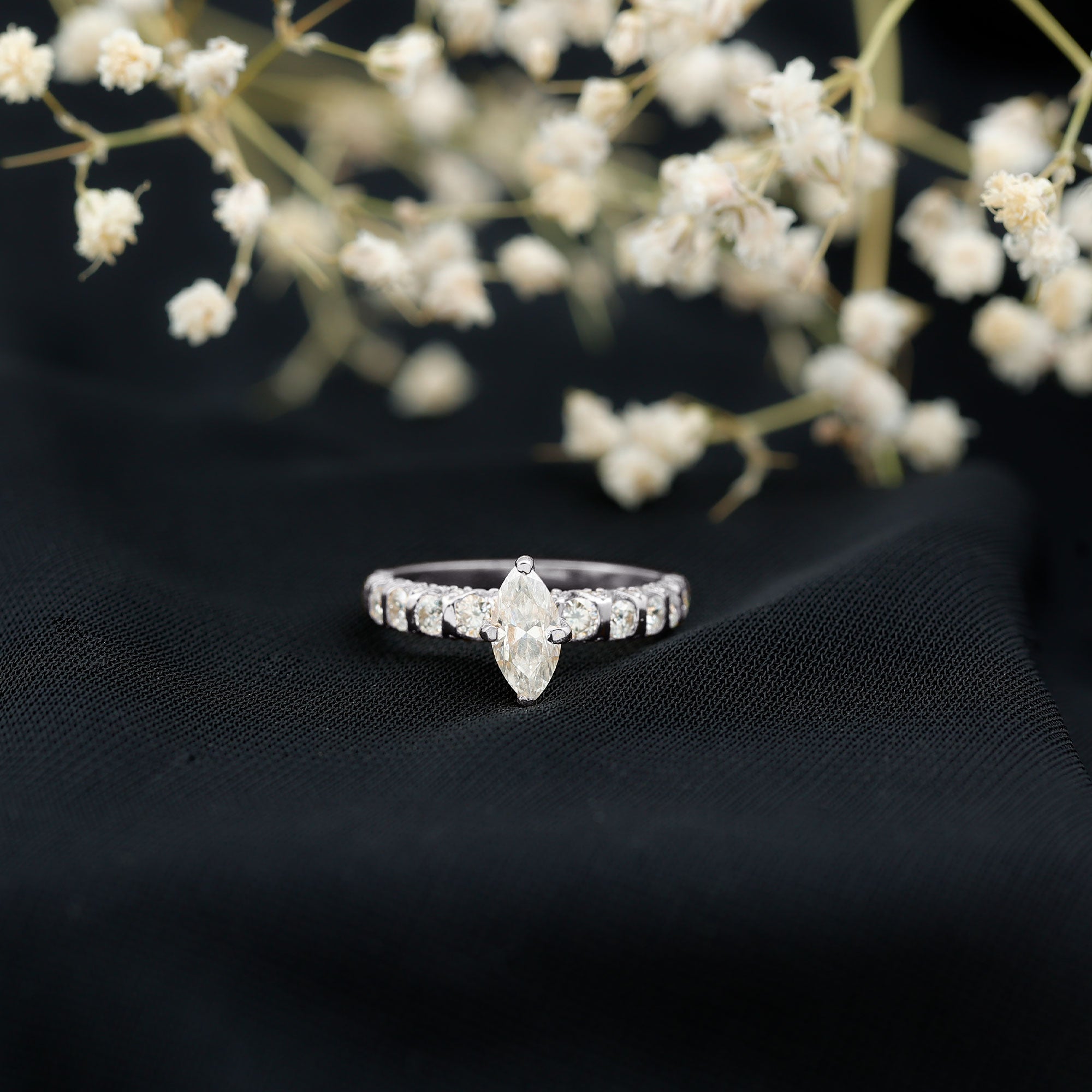 Marquise Moissanite Solitaire Engagement Ring with Side Stones D-VS1 - Rosec Jewels