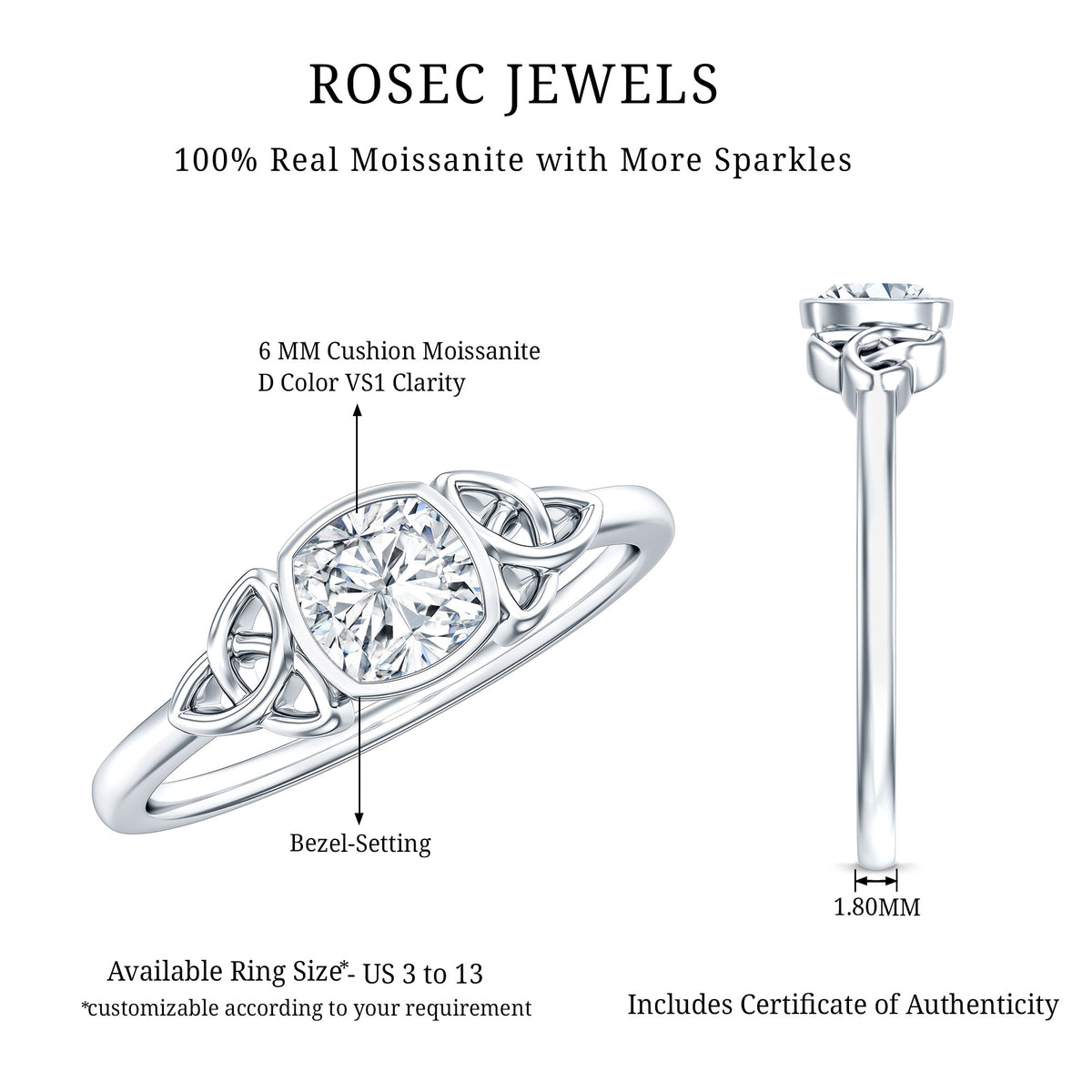 Brilliant Cut Moissanite Celtic Knot Engagement Ring in Bezel Setting D-VS1 - Rosec Jewels