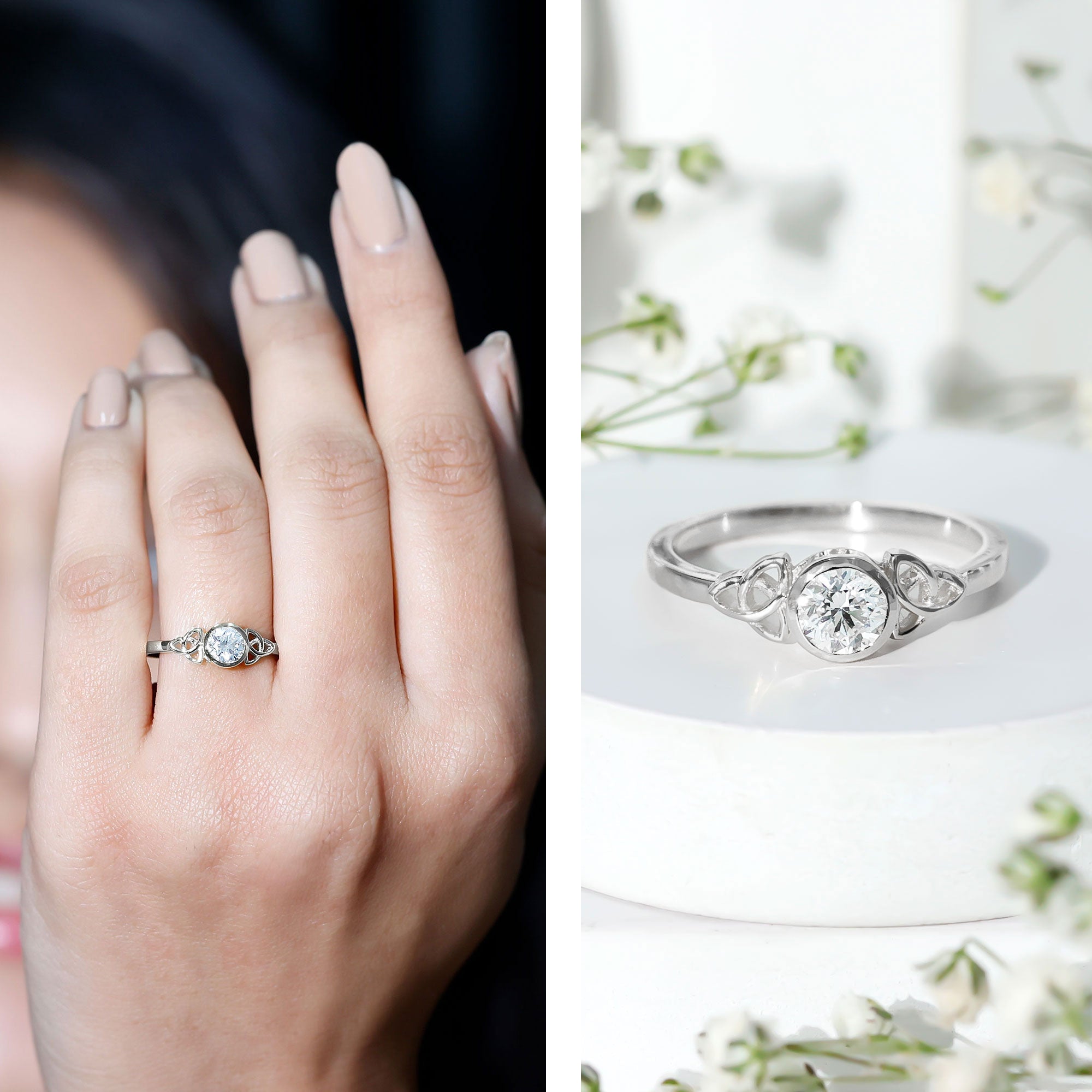 Bezel Set Moissanite Promise Ring with Celtic Knot Details D-VS1 - Rosec Jewels