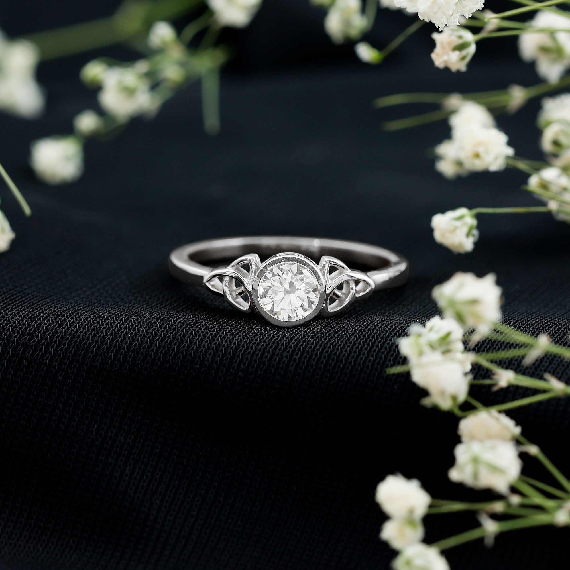 Bezel Set Moissanite Promise Ring with Celtic Knot Details D-VS1 - Rosec Jewels