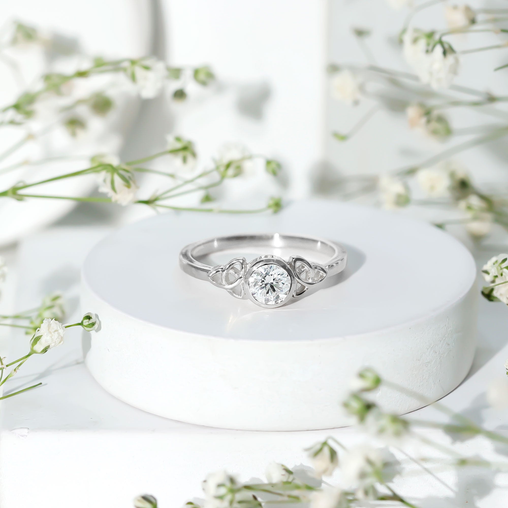 Bezel Set Moissanite Promise Ring with Celtic Knot Details D-VS1 - Rosec Jewels