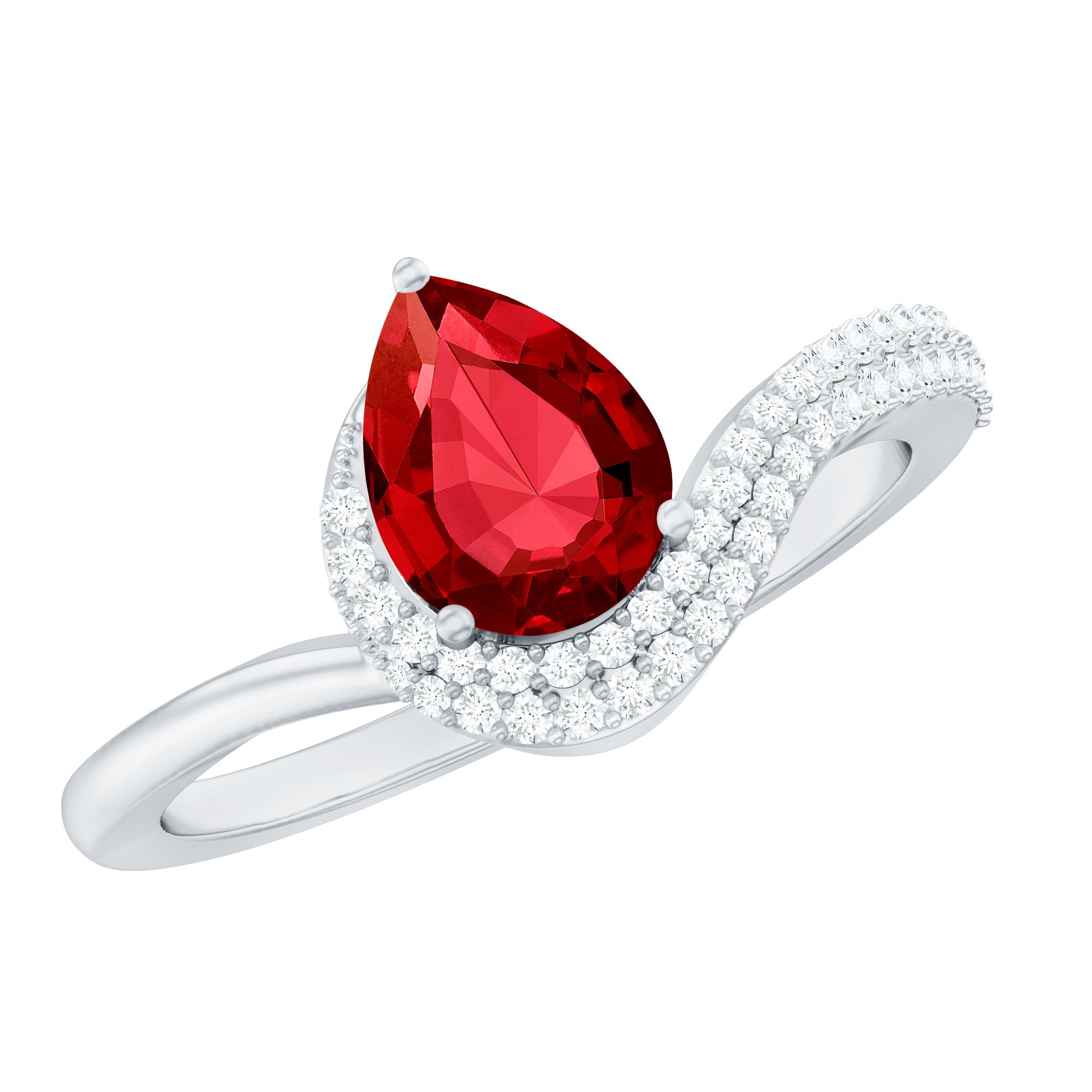 Pear Shaped Lab Created Ruby and Diamond Designer Engagement Ring