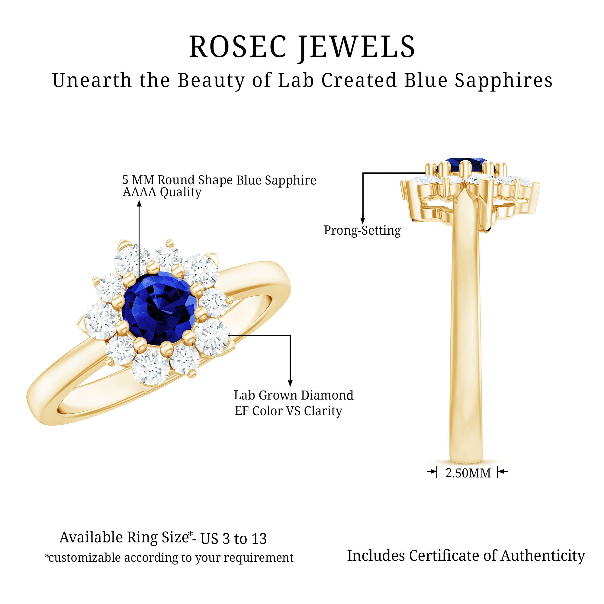 Natural Inspired 0.6 Carat Lab Grown Blue Sapphire Engagement Ring with Diamond Halo AAAA - Rosec Jewels