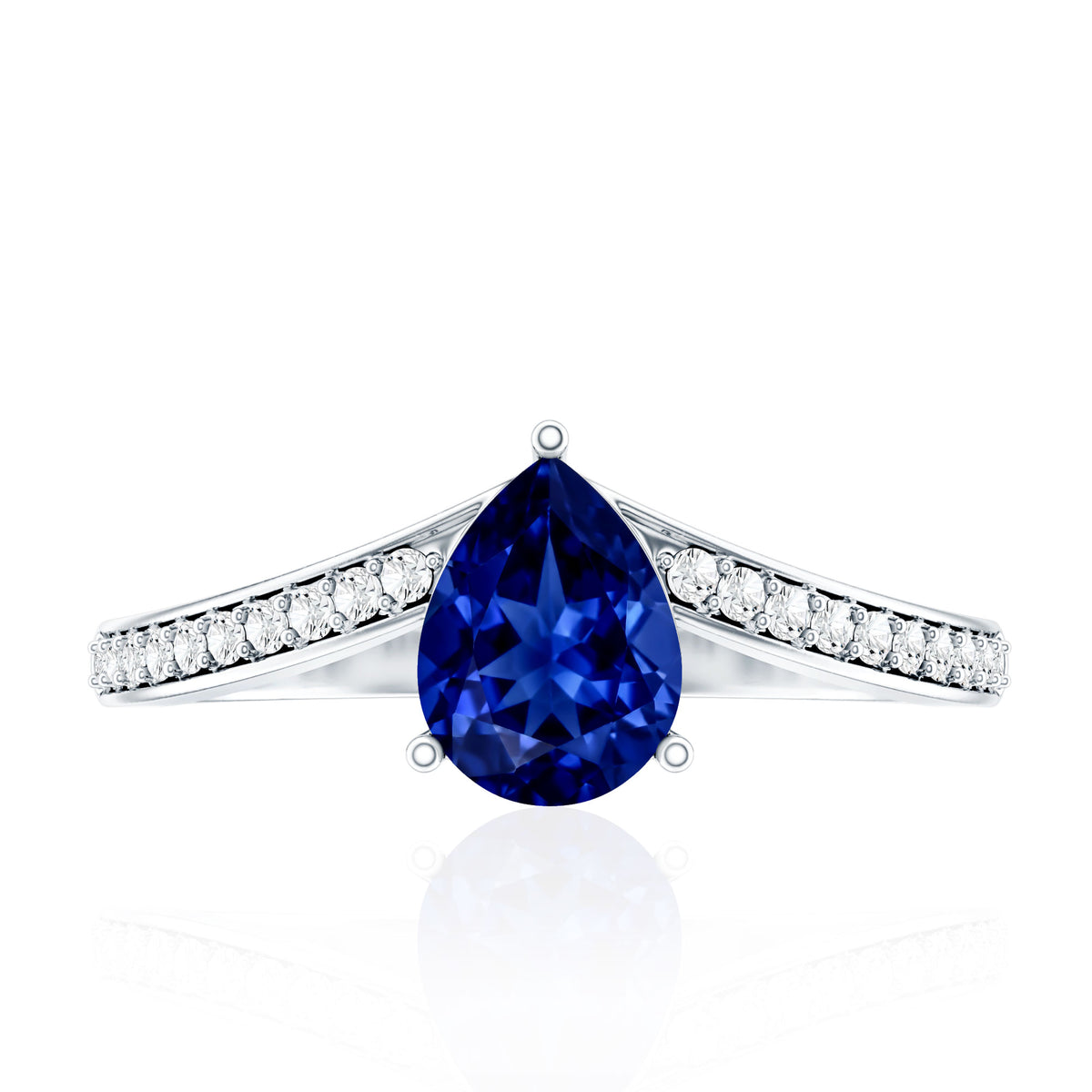 Certified 1.6 Carat Pear Shape Lab Grown Blue Sapphire Chevron Engagement Ring with Diamond AAAA - Rosec Jewels