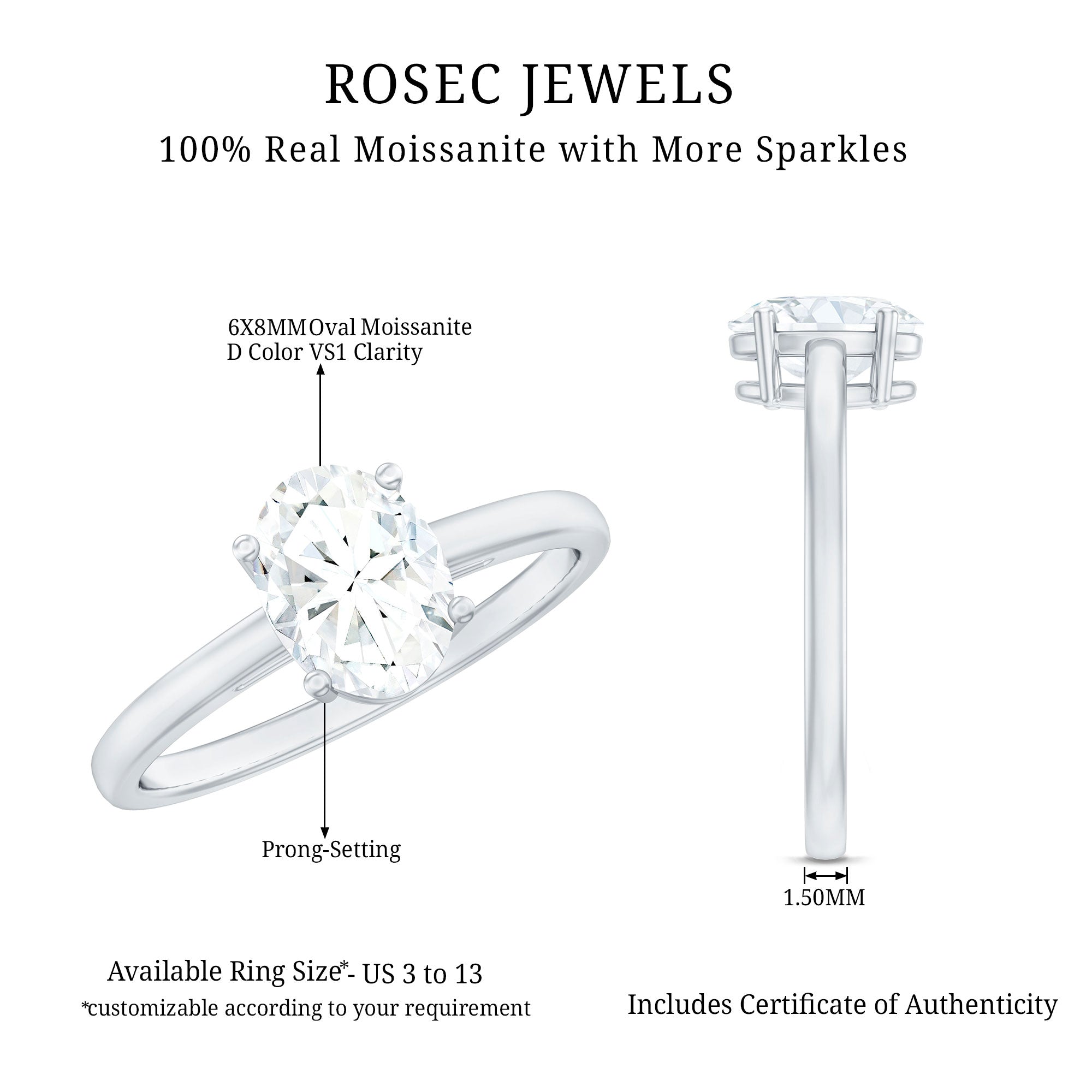 Rosec Jewels-Certified 6X8mm Solitaire Moissanite Oval Engagement Ring
