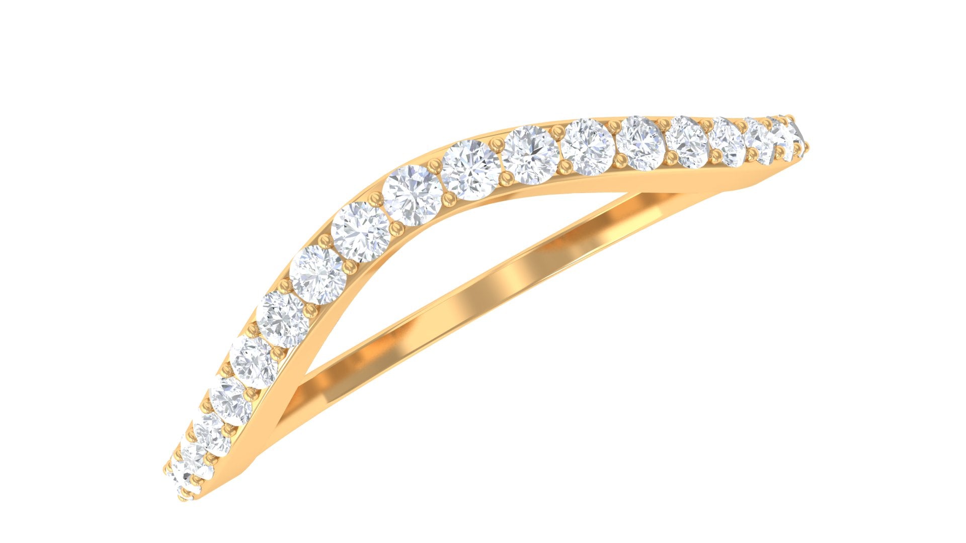 Angled front view of a yellow gold curved contour band with graduated round lab grown diamonds in a pavé setting.