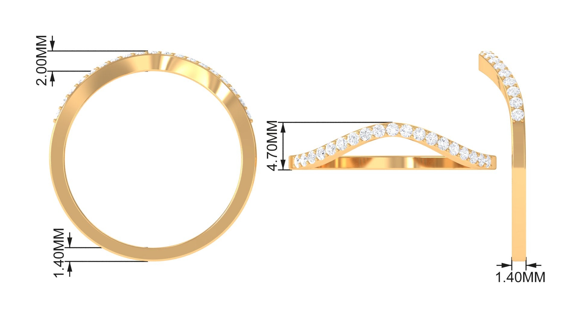 Yellow gold curved lab grown diamond wedding band with 2.00 mm top width, 1.40 mm band width, 1.40 mm thickness, and 4.70 mm contour height.