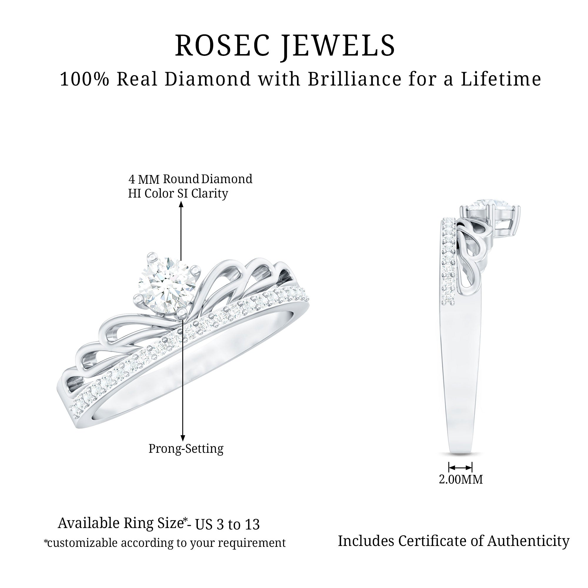 Certified Round Diamond Crown Ring Natural - ( HI-SI ) - Rosec Jewels