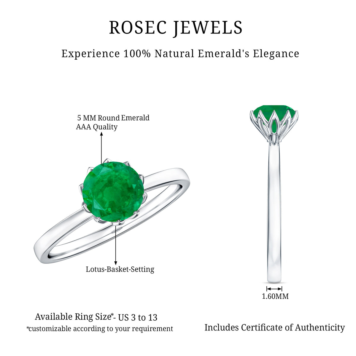 Natural Solitaire Emerald Promise Ring in Lotus Basket Setting AAA - Rosec Jewels