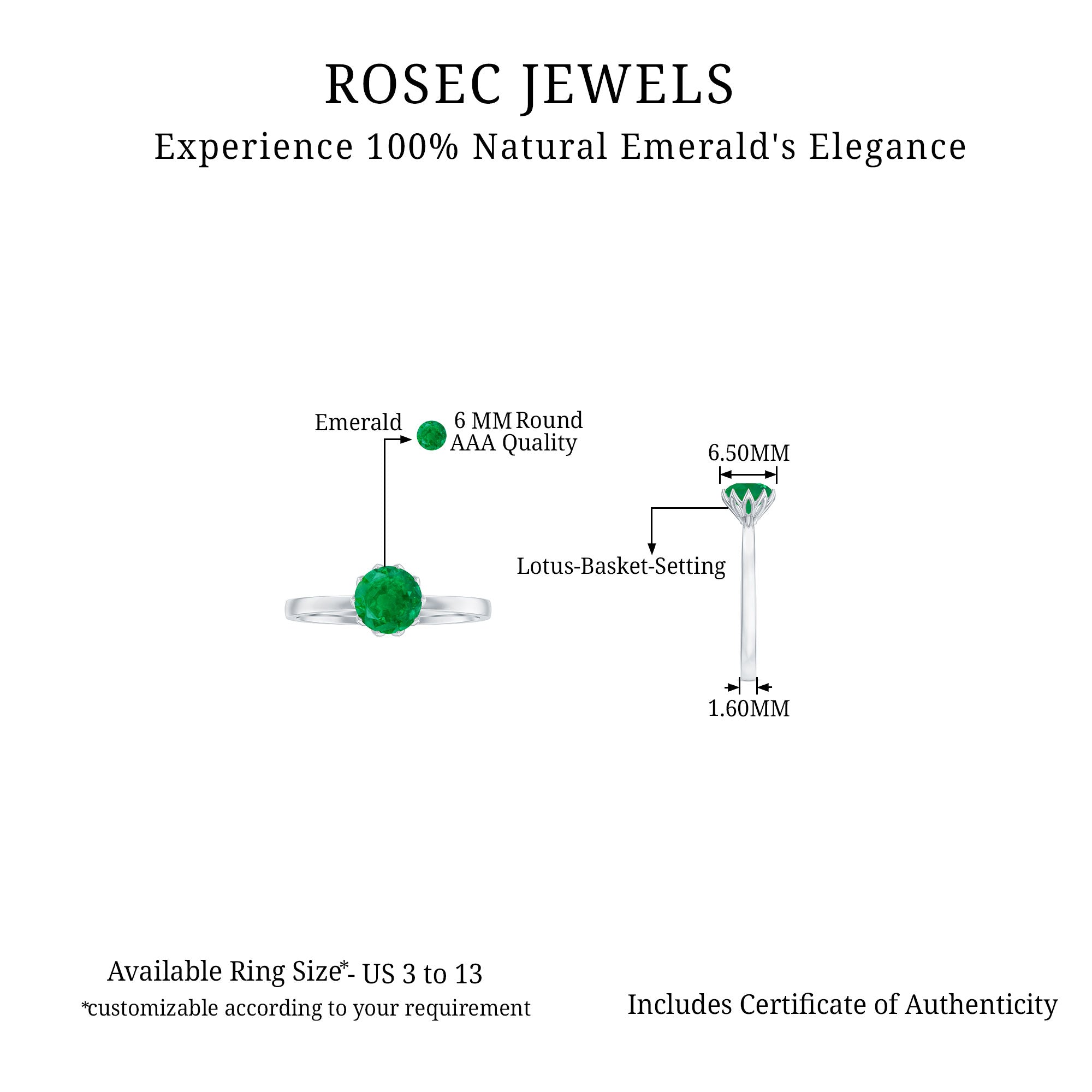 Natural Solitaire Emerald Promise Ring in Lotus Basket Setting AAA - Rosec Jewels