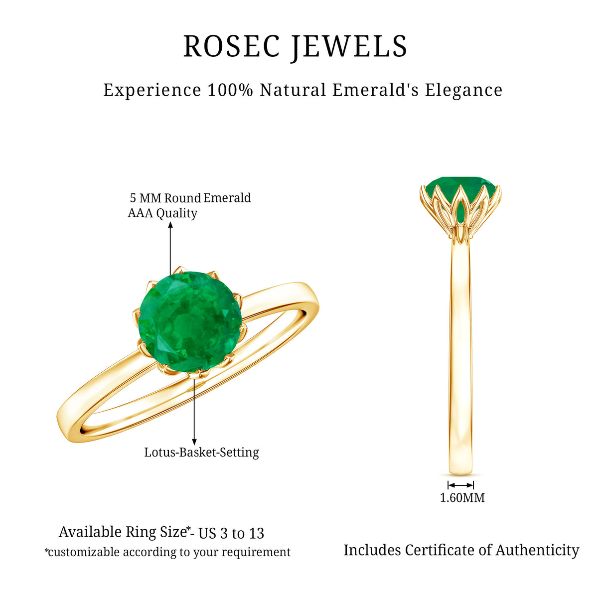 Natural Solitaire Emerald Promise Ring in Lotus Basket Setting AAA - Rosec Jewels