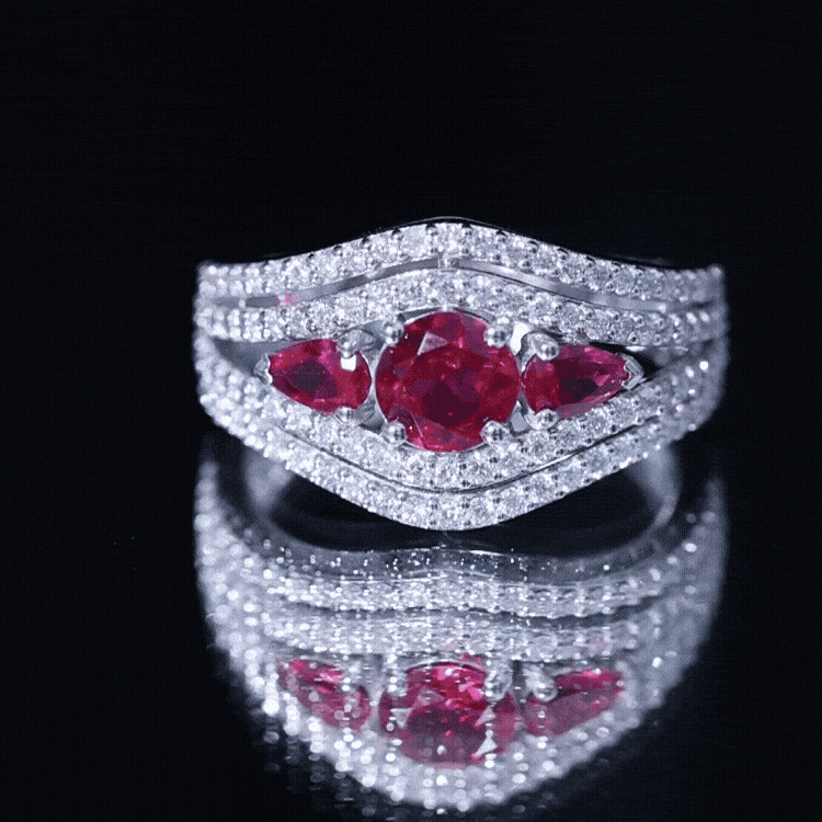 Designer Lab Created Ruby 3 Stone Engagement Ring With Moissanite AAAA - Rosec Jewels