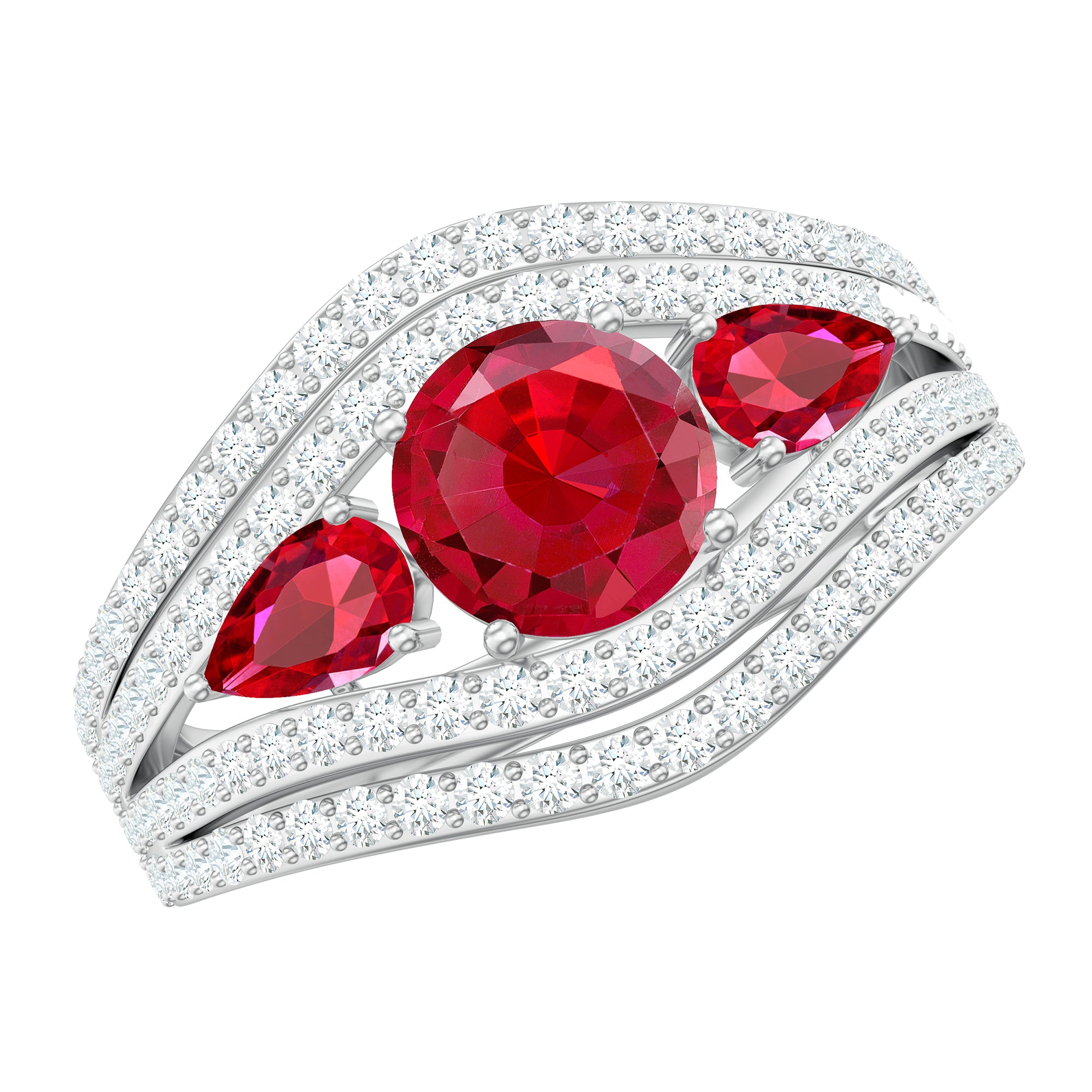 Rosec Jewels-Designer Lab Created Ruby 3 Stone Engagement Ring With Moissanite