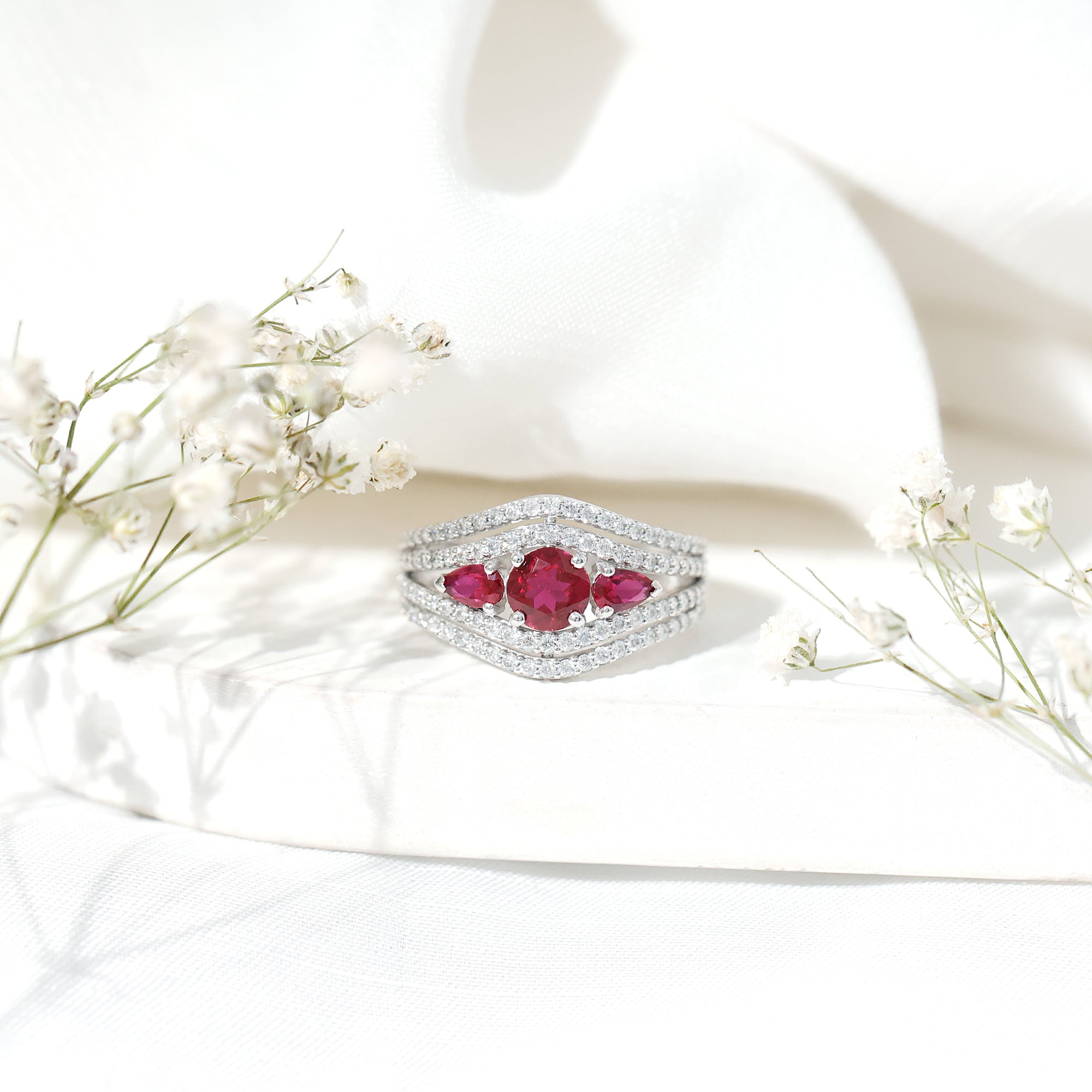 Designer Lab Created Ruby 3 Stone Engagement Ring With Moissanite AAAA - Rosec Jewels