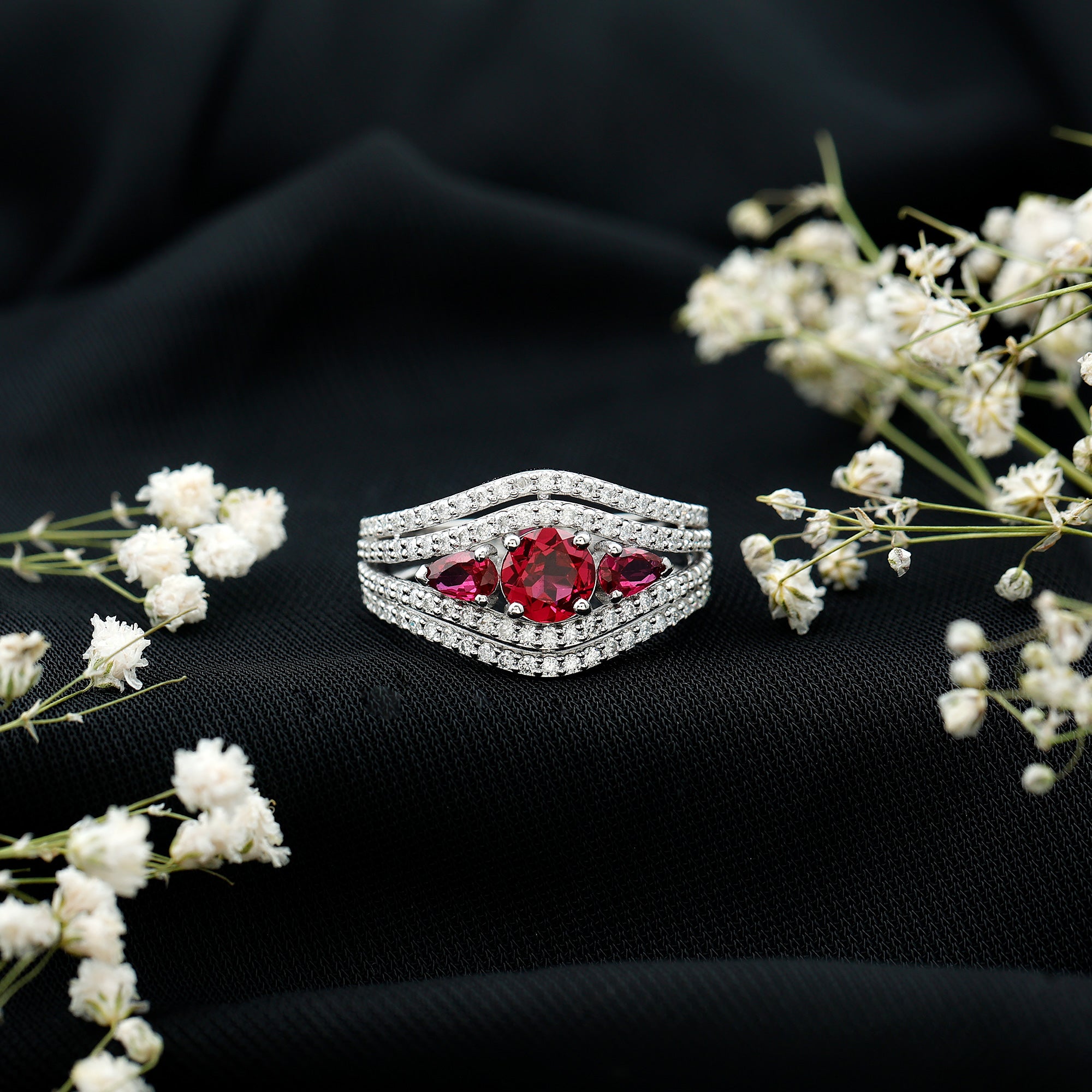 Designer Lab Created Ruby 3 Stone Engagement Ring With Moissanite AAAA - Rosec Jewels