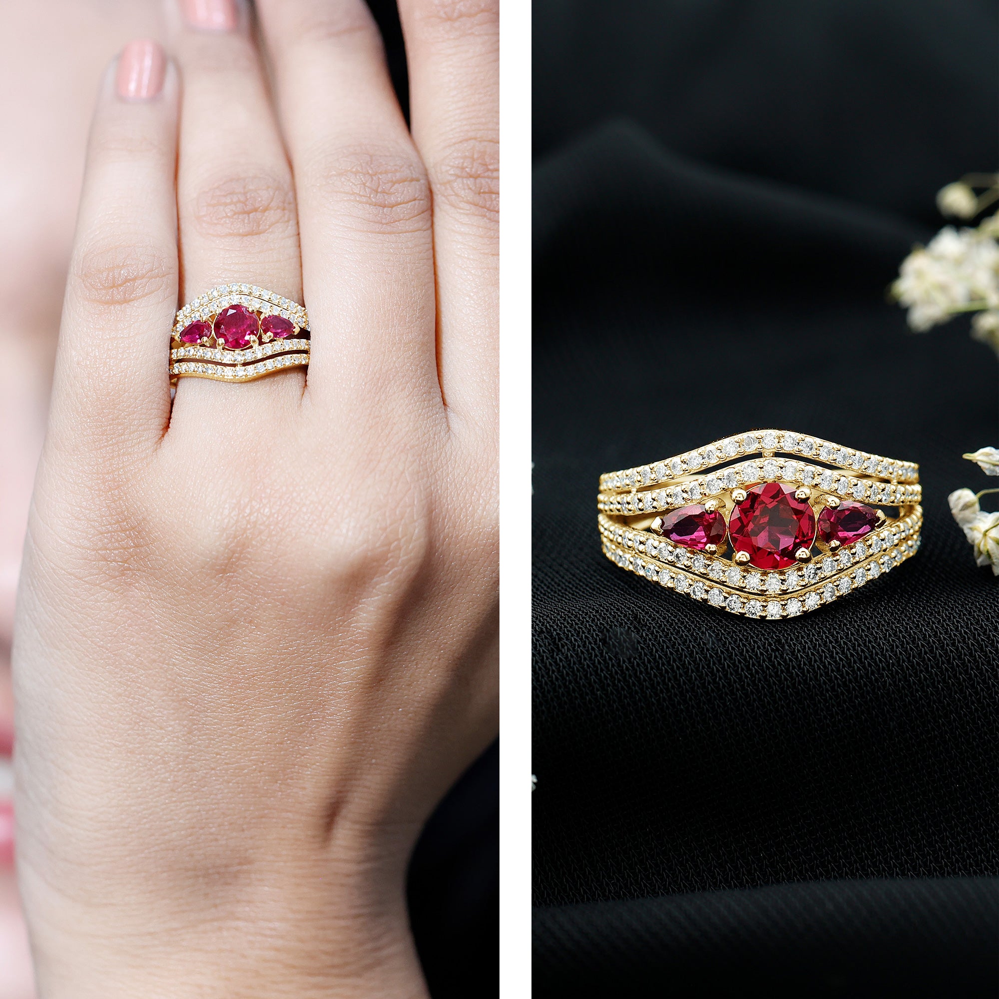 Designer Lab Created Ruby 3 Stone Engagement Ring With Moissanite AAAA - Rosec Jewels