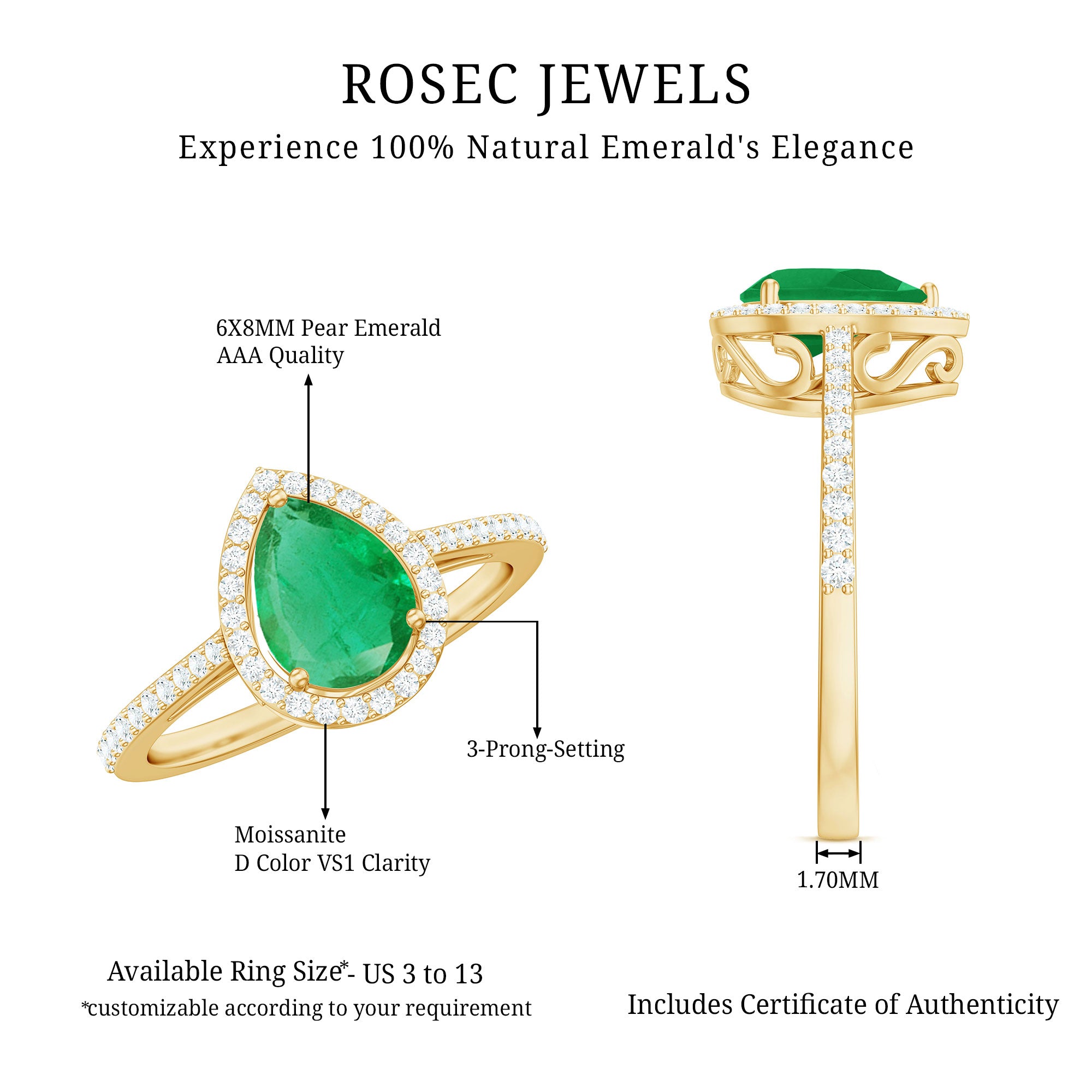 Certified Emerald Teardrop Engagement Ring with Diamond Halo AAA - Rosec Jewels