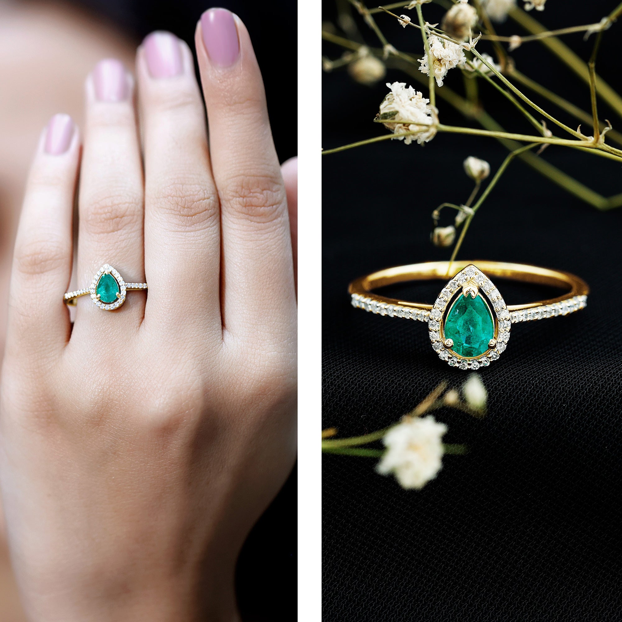 Certified Emerald Teardrop Engagement Ring with Diamond Halo AAA - Rosec Jewels