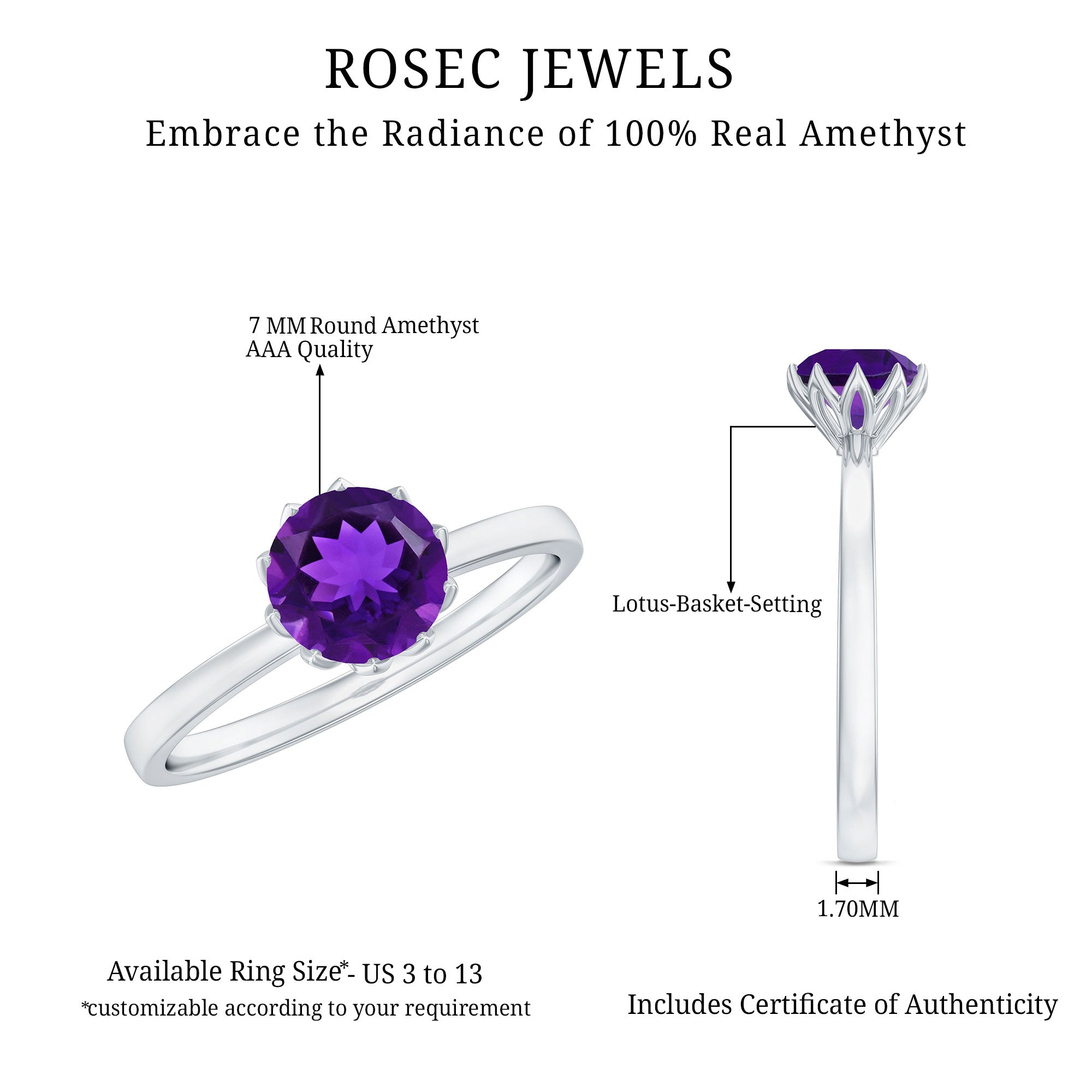 1.2 Carat Amethyst Solitaire Engagement Ring for Women AAA - Rosec Jewels