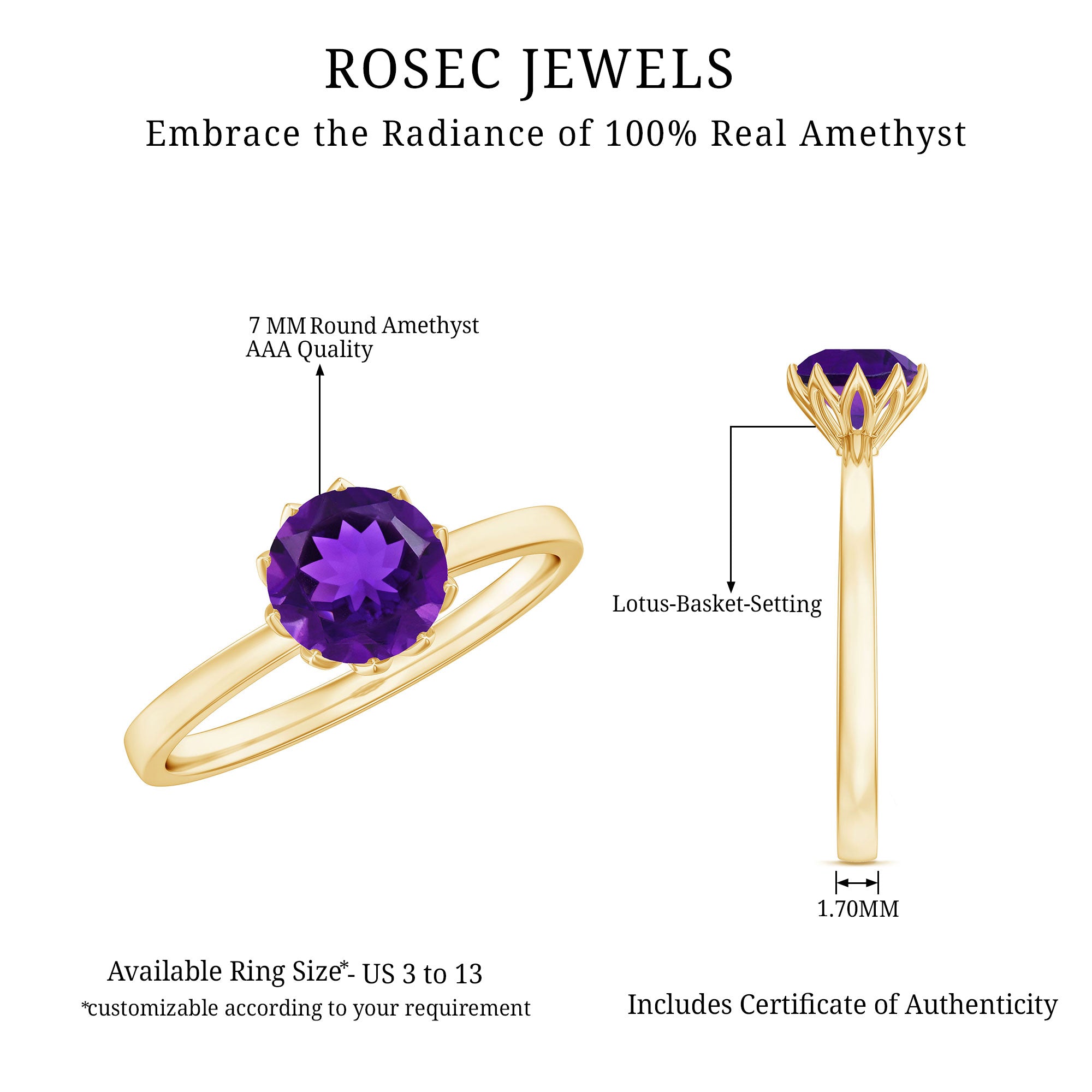 1.2 Carat Amethyst Solitaire Engagement Ring for Women AAA - Rosec Jewels