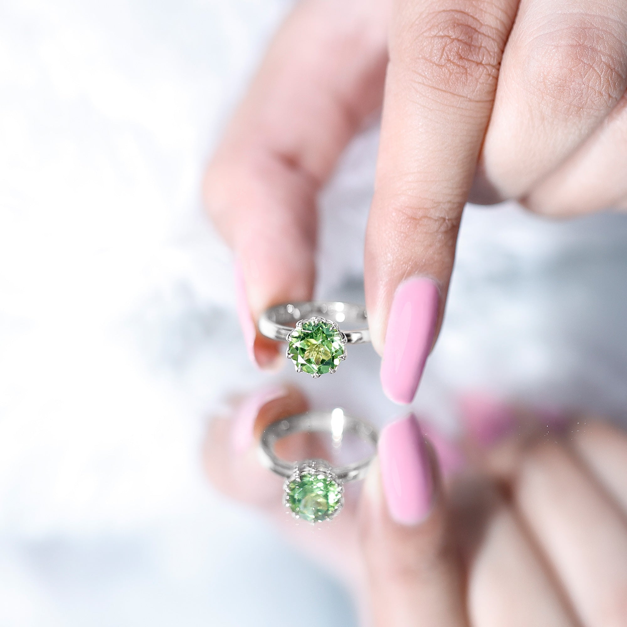 Genuine 2 Carat Peridot Engagement Ring in Lotus Basket Setting AAA - Rosec Jewels