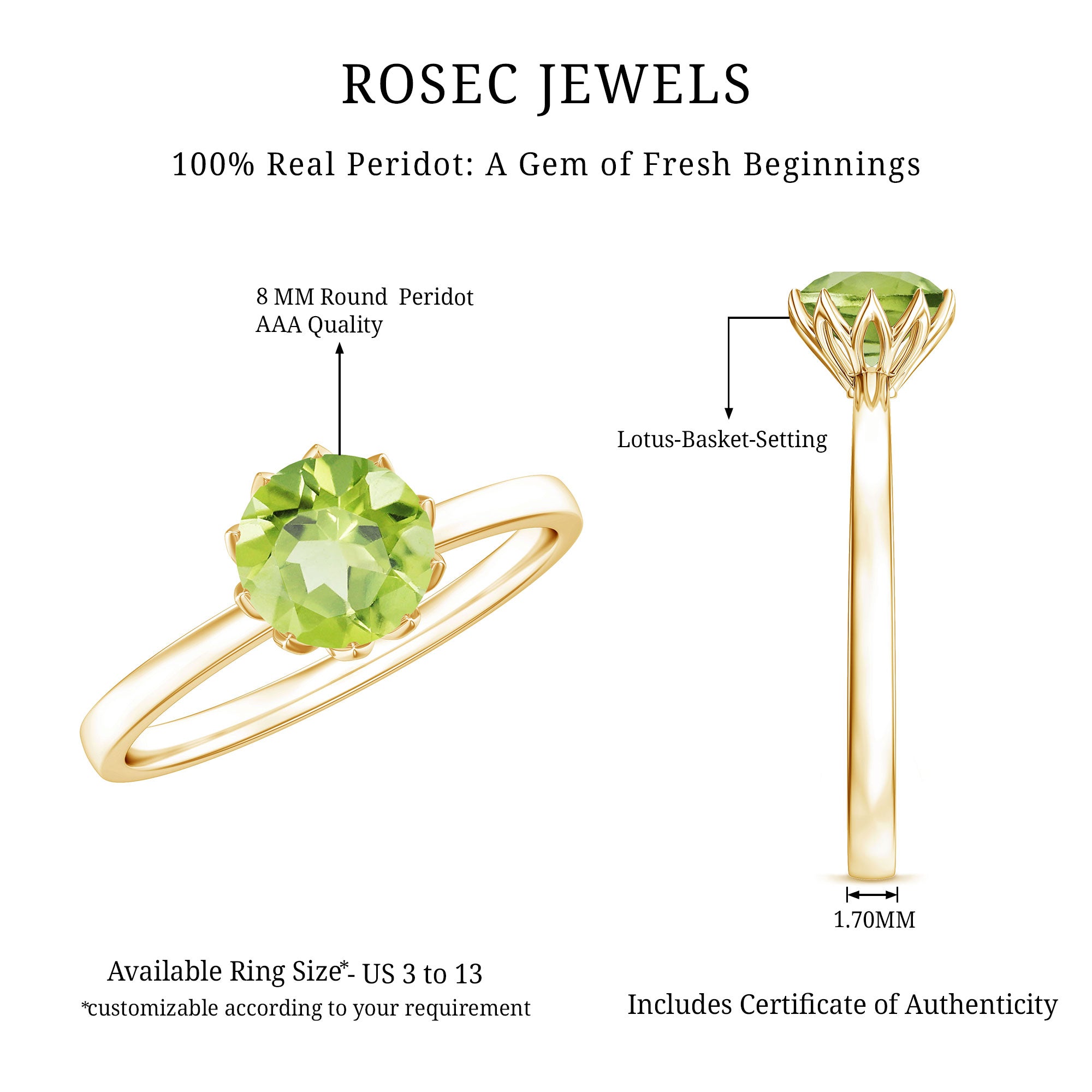 Genuine 2 Carat Peridot Engagement Ring in Lotus Basket Setting AAA - Rosec Jewels