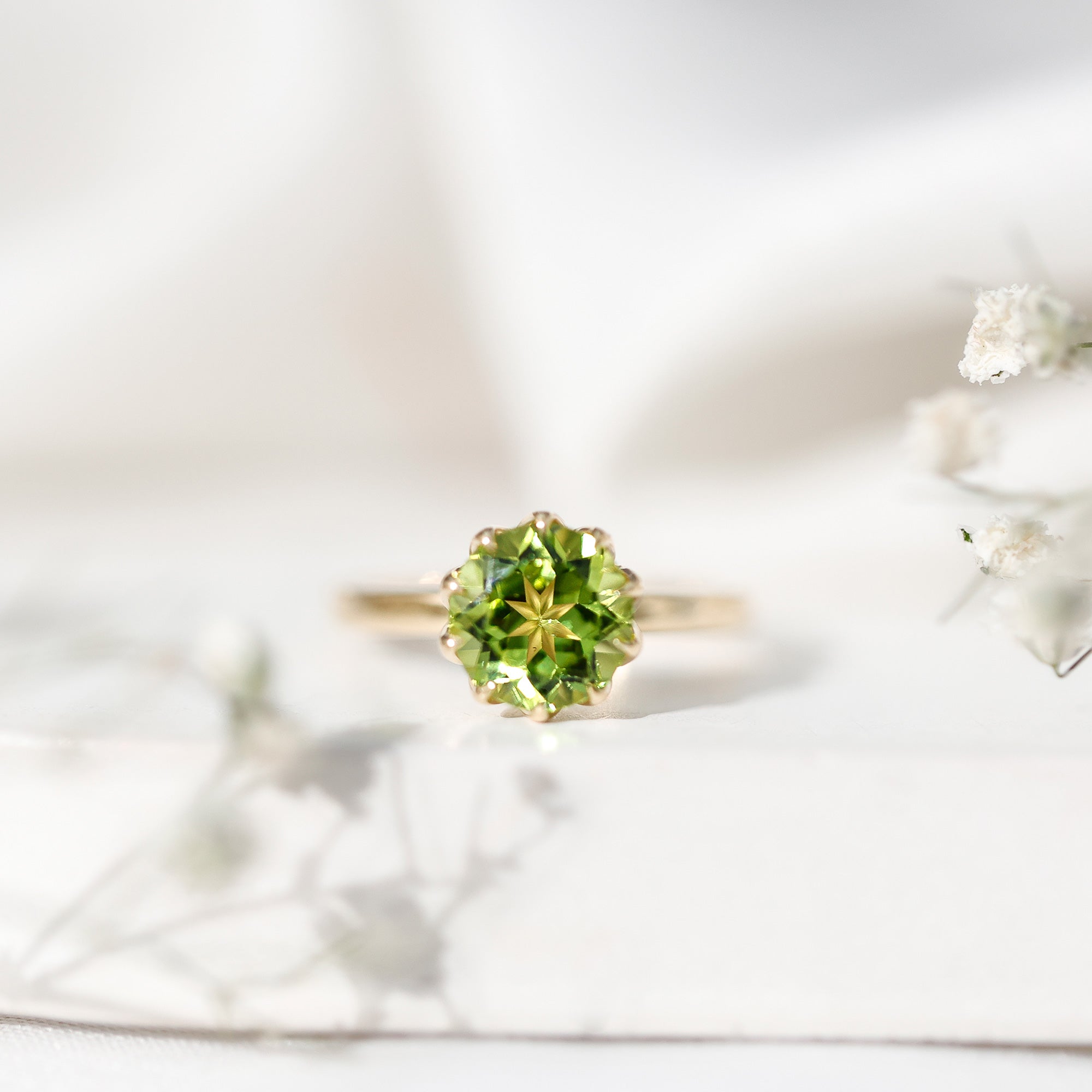 Genuine 2 Carat Peridot Engagement Ring in Lotus Basket Setting AAA - Rosec Jewels