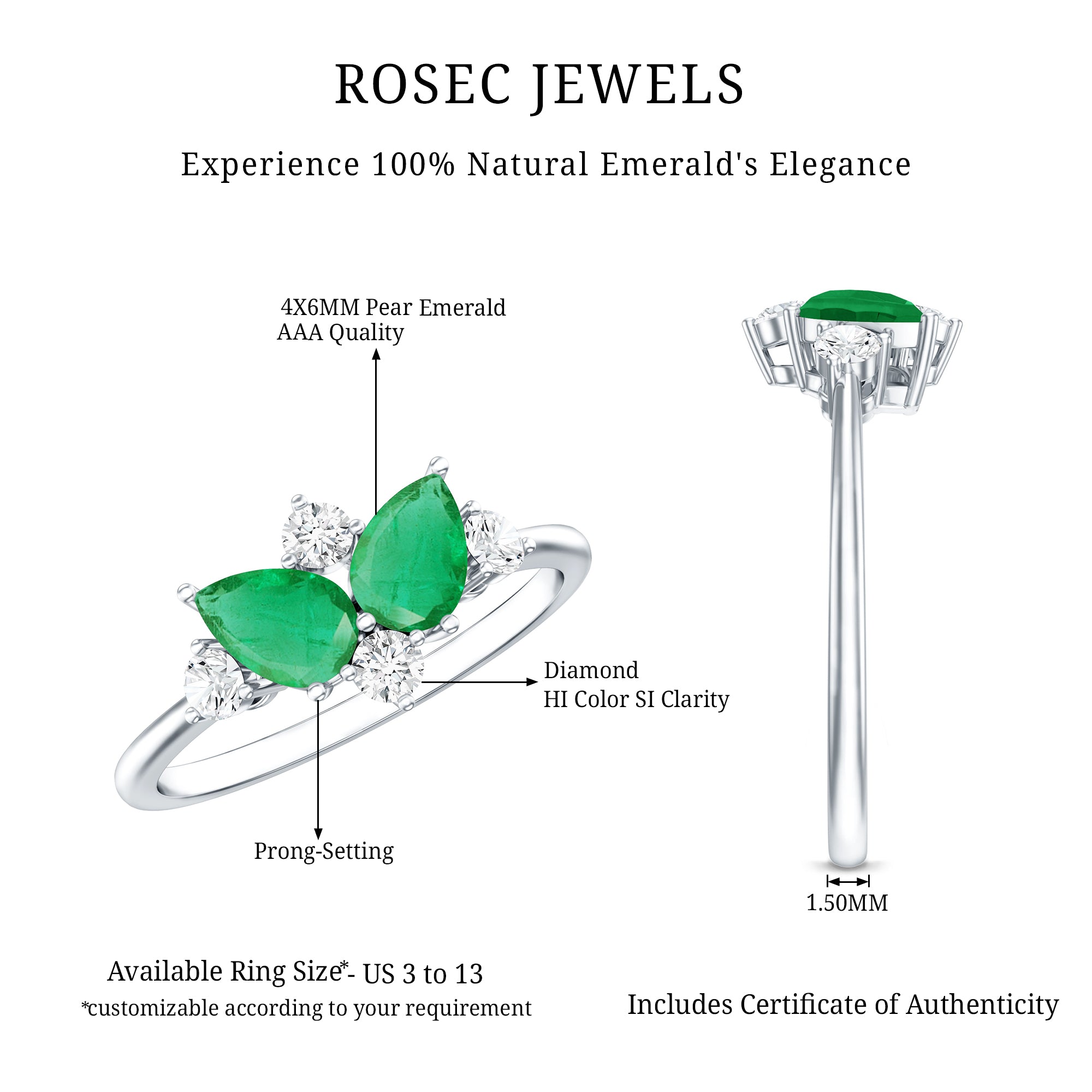 Natural Pear Shape Emerald Toi Et Moi Engagement Ring with Diamond AAA - Rosec Jewels