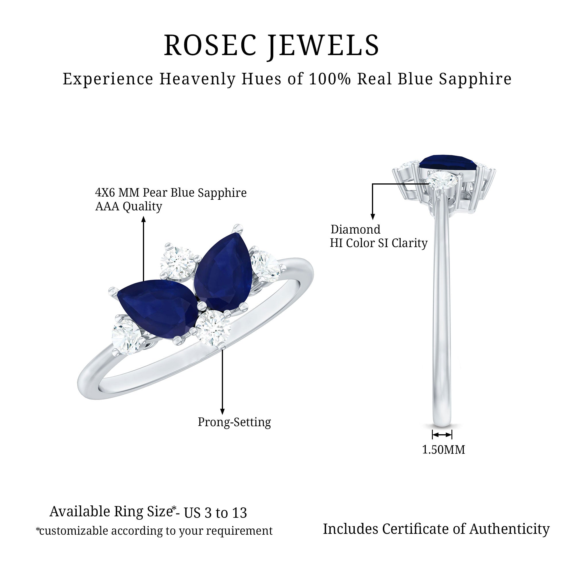 Genuine Blue Sapphire and Diamond Cluster Engagement Ring with Certificate AAA - Rosec Jewels