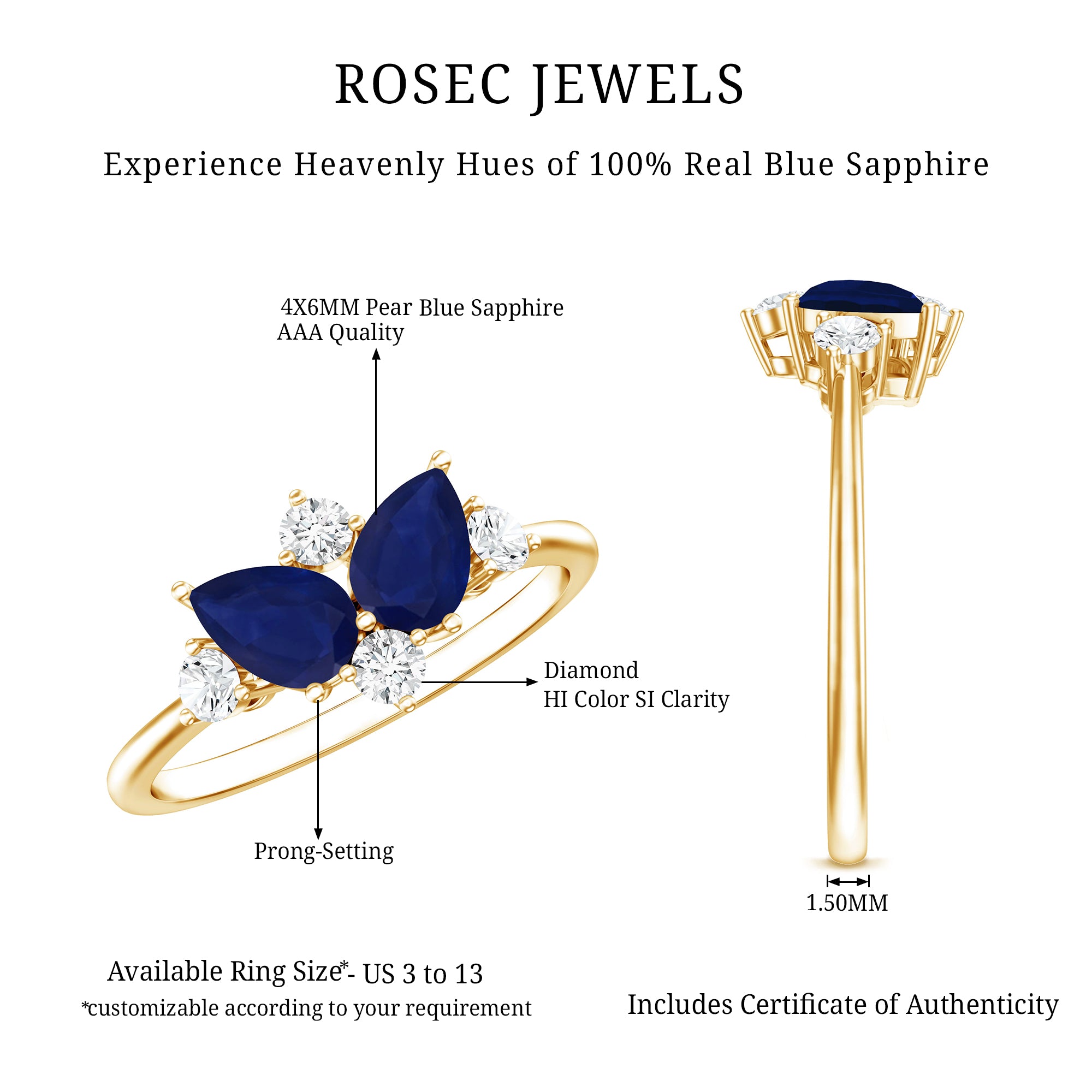 Genuine Blue Sapphire and Diamond Cluster Engagement Ring with Certificate AAA - Rosec Jewels