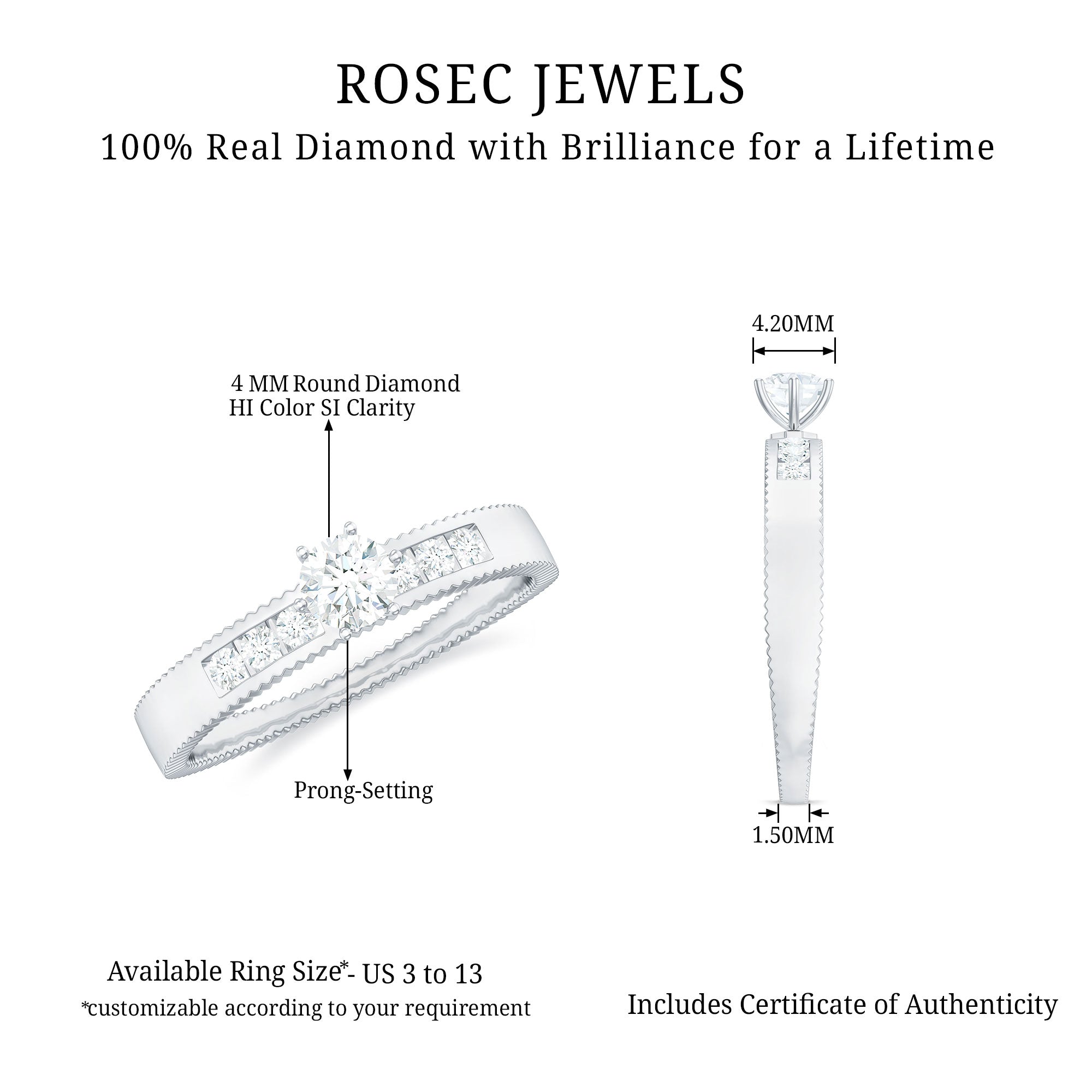 Natural Diamond Solitaire Engagement Ring for Women Natural - ( HI-SI ) - Rosec Jewels
