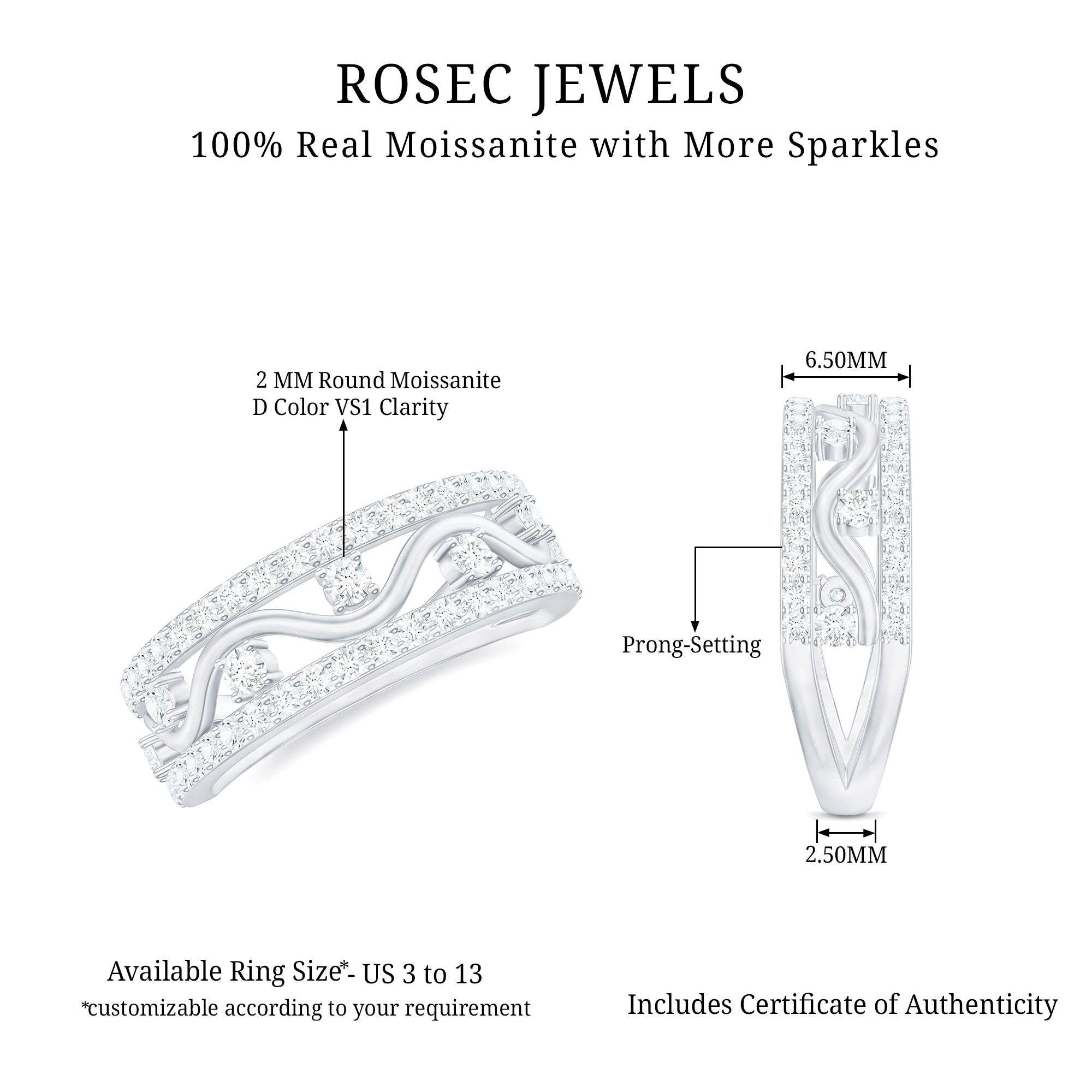 Certified Moissanite Wedding Anniversary Band for Her D-VS1 - Rosec Jewels
